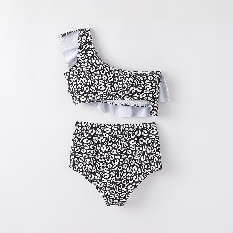 (In Stock)Mommy and Me Summer Leopard Print Oblique Shoulder Swimsuit
