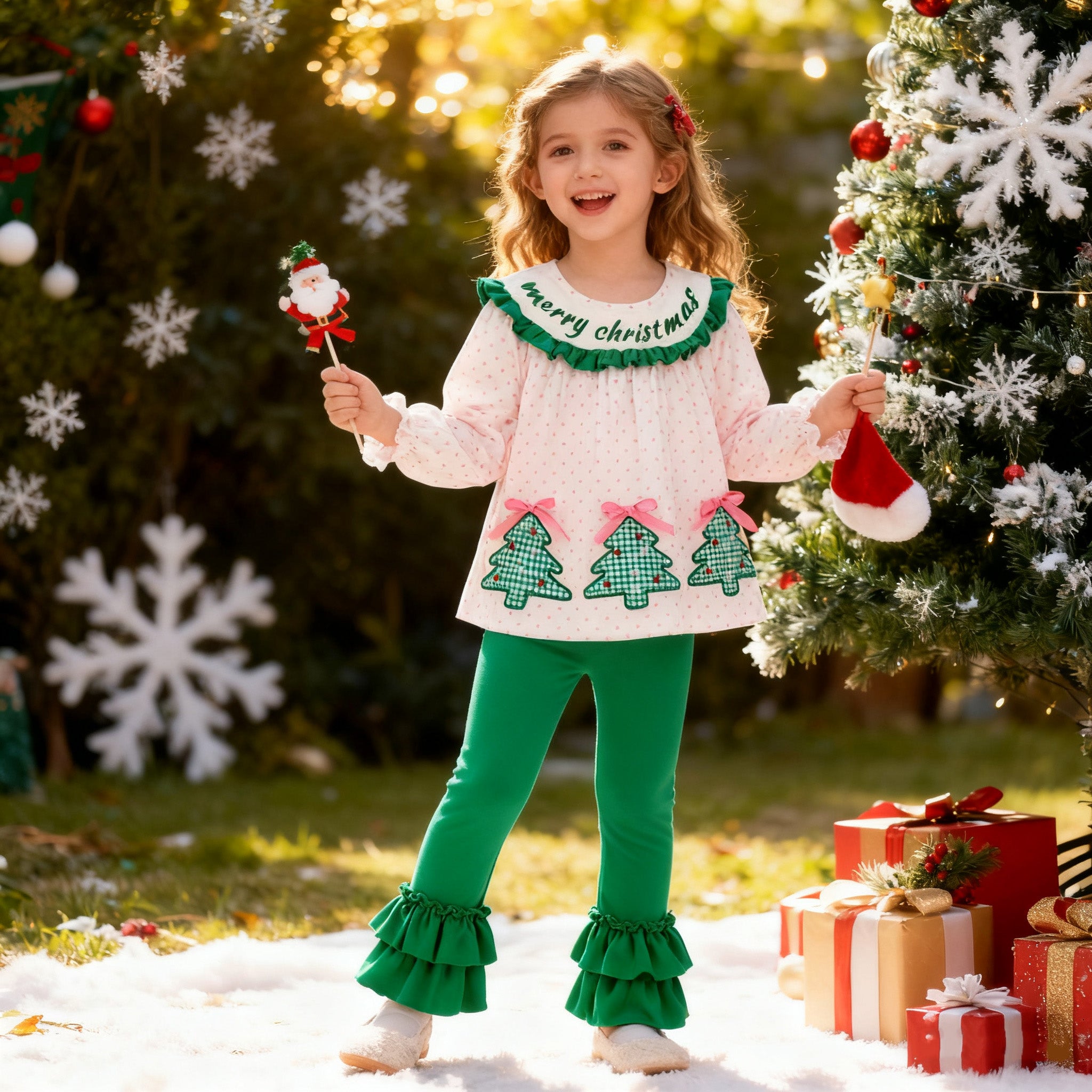 (In Stock)Girls Christmas Applique Outfit Set