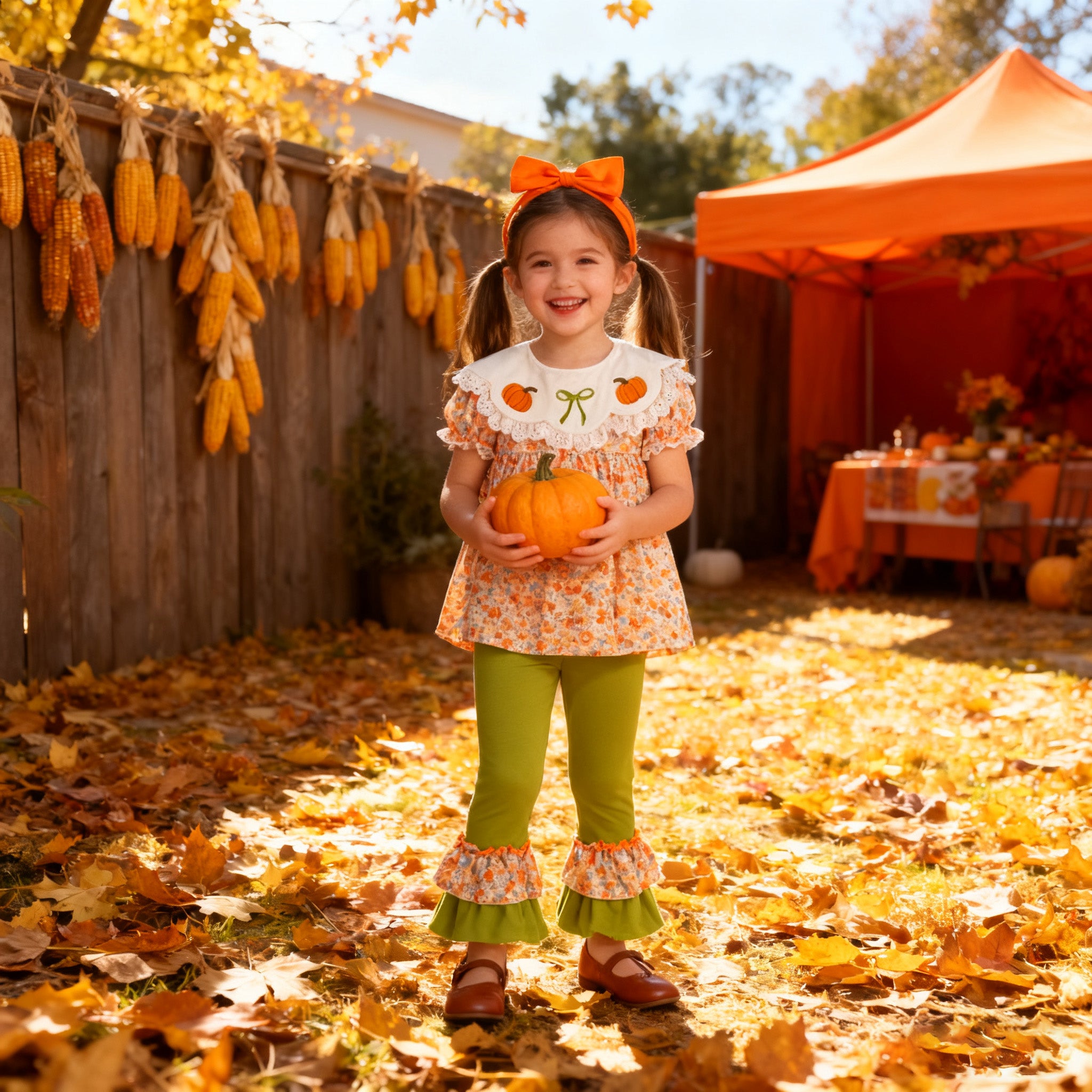 (In Stock)Girls Halloween&Thanksgiving Pumpkin Embroidery Ruffle Outfit Set