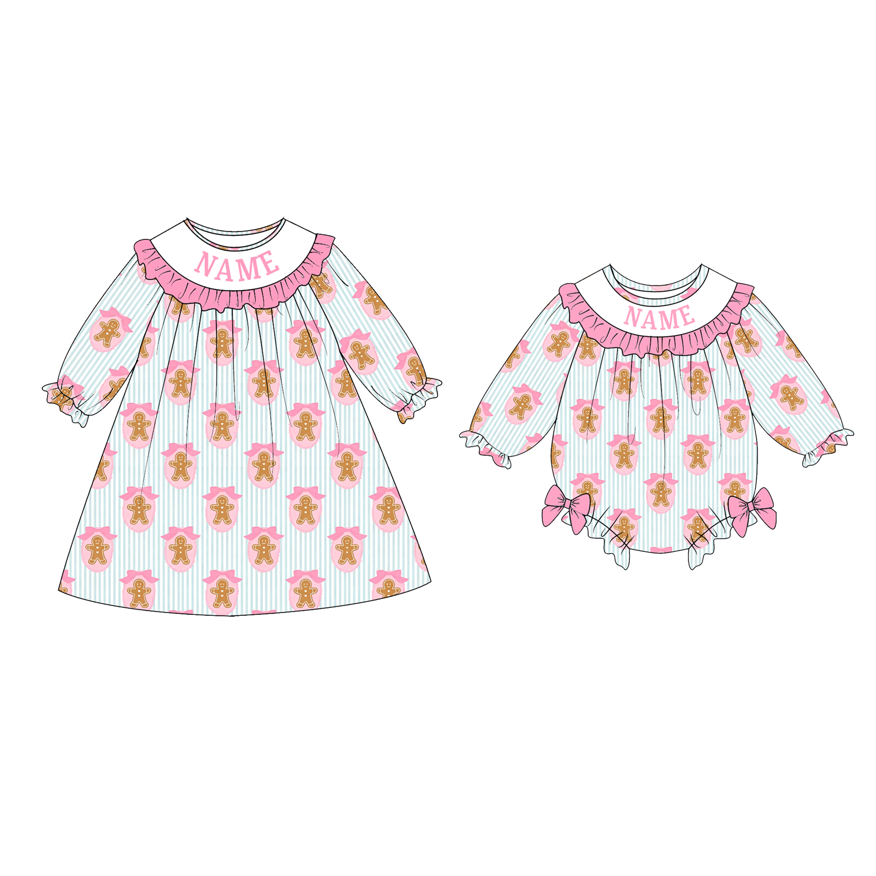 (Pre Order)Sisters Christmas Gingerbread Embroidery Smocked Dress&Romper