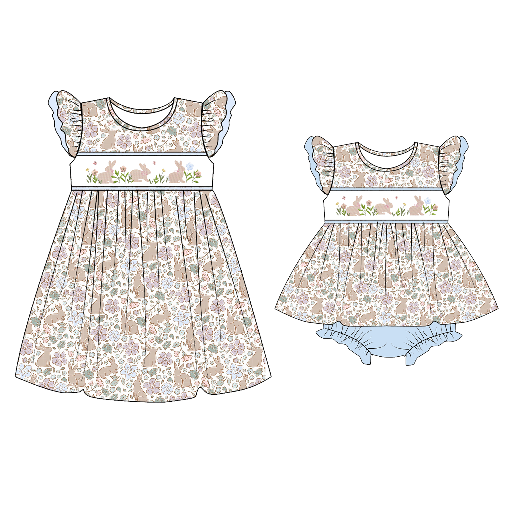 (Pre Order)Sisters Easter Bunny Embroidery Smocked Dress&Romper