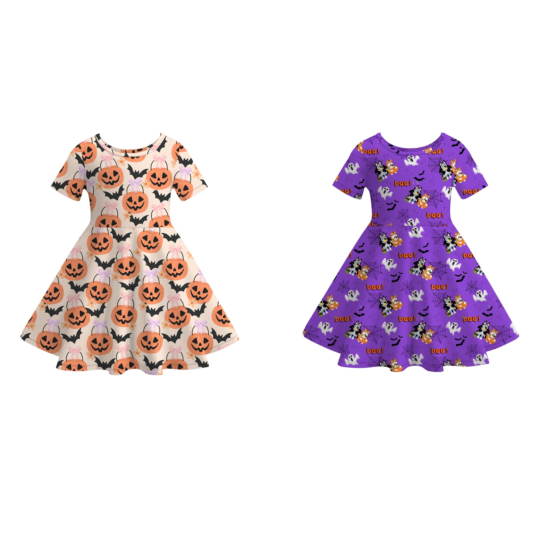 (Pre Order)Girls Halloween Pumpkin&Bat Print Dress