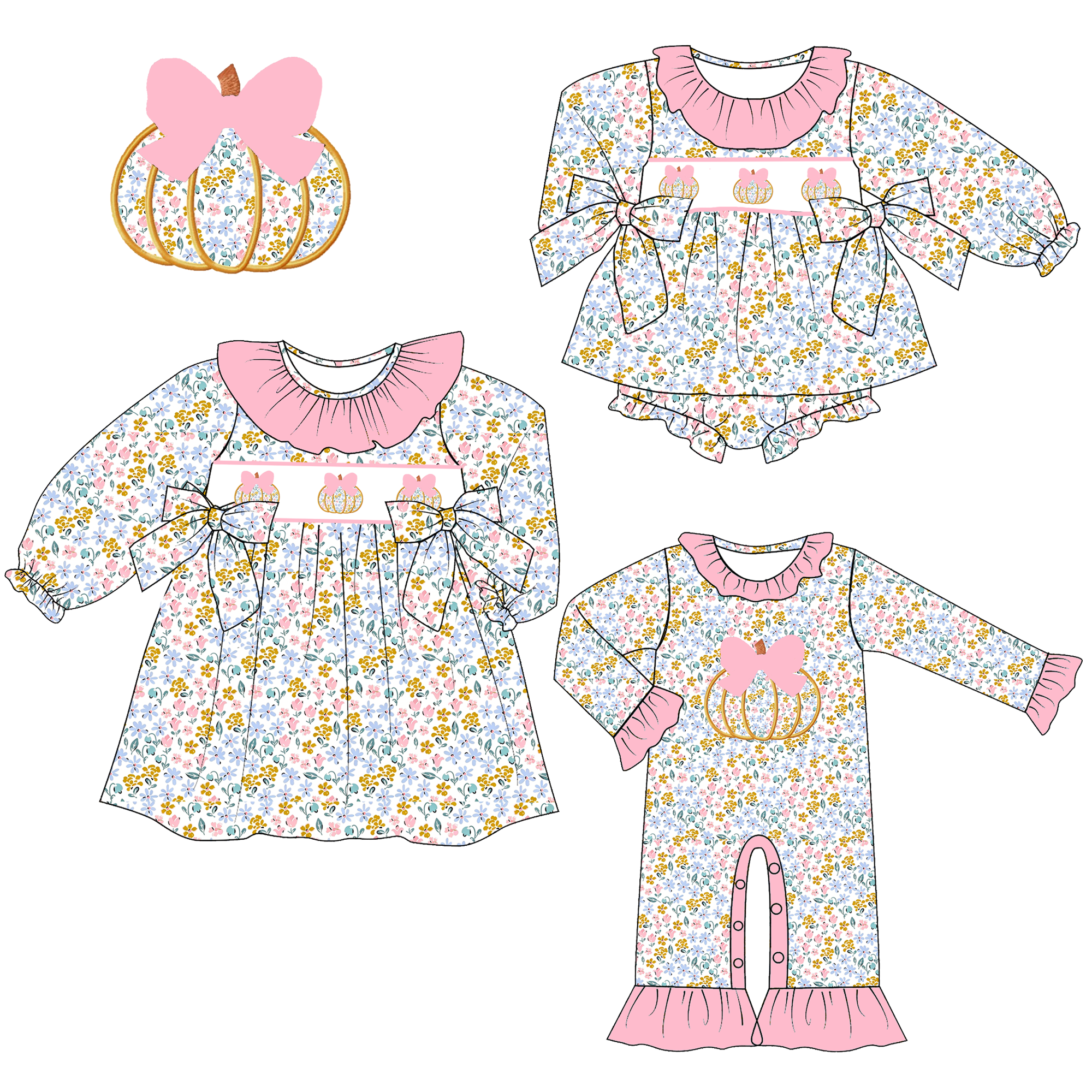 (Weekly Pre-Order)Sisters Fall Pumpkin Embroidery Smocked Dress,Set&Romper(Ends Wednesday)
