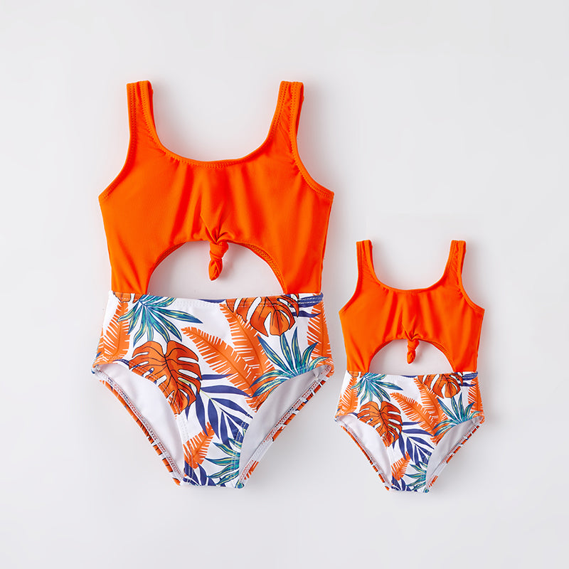 (In Stock)Mommy and Me Summer Floral Print Orange Swimsuit