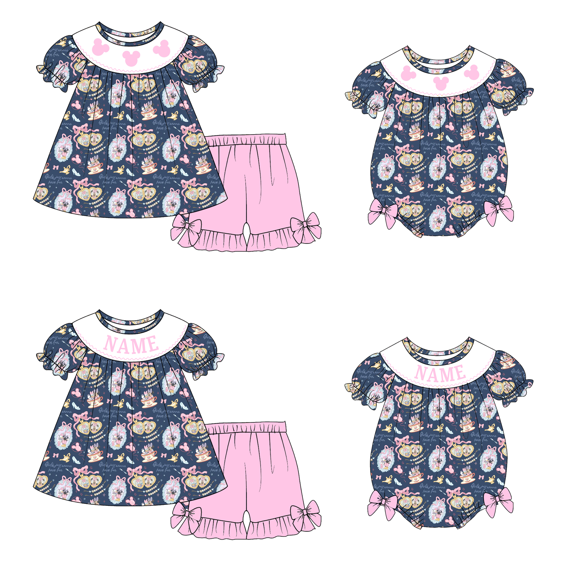 (Pre Order)Sisters Spring&Summer Cartoon Embroidery Smocked Shorts Set&Romper