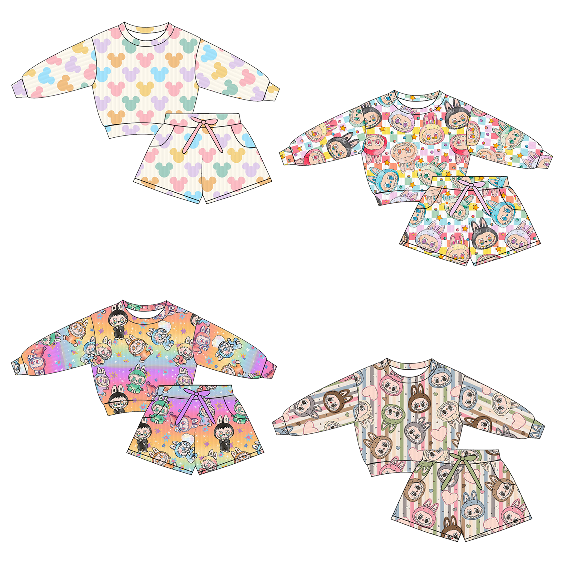 (Pre Order)Girls Halloween Cartoon Print Shorts Set with Pockets