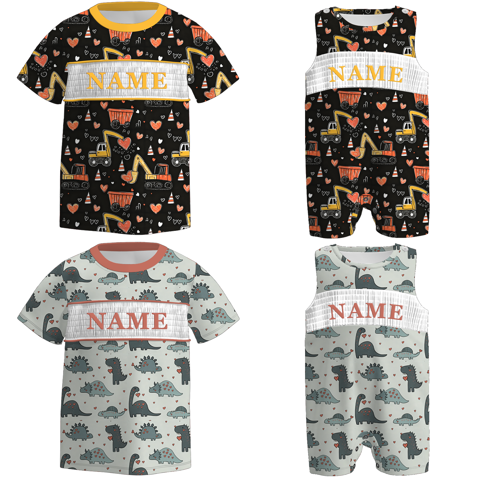 (Pre Order)Brothers Valentine's Day Dino Embroidery Smocked Top&Romper