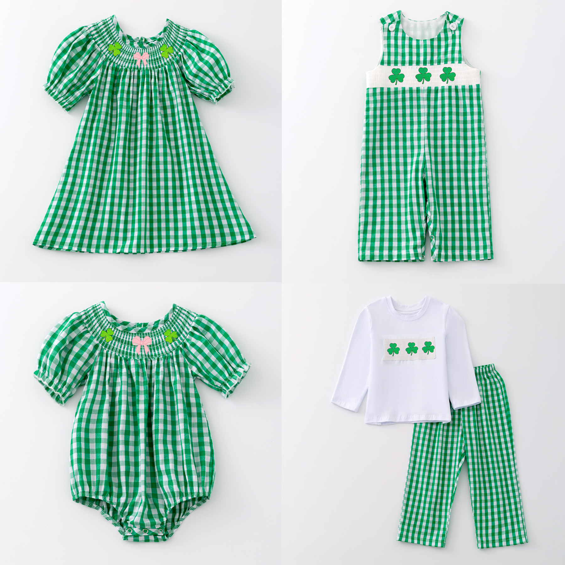 (Pre Order)St. Patrick's Day Shamrock Embroidery Smocked Romper Dress Outfit Set