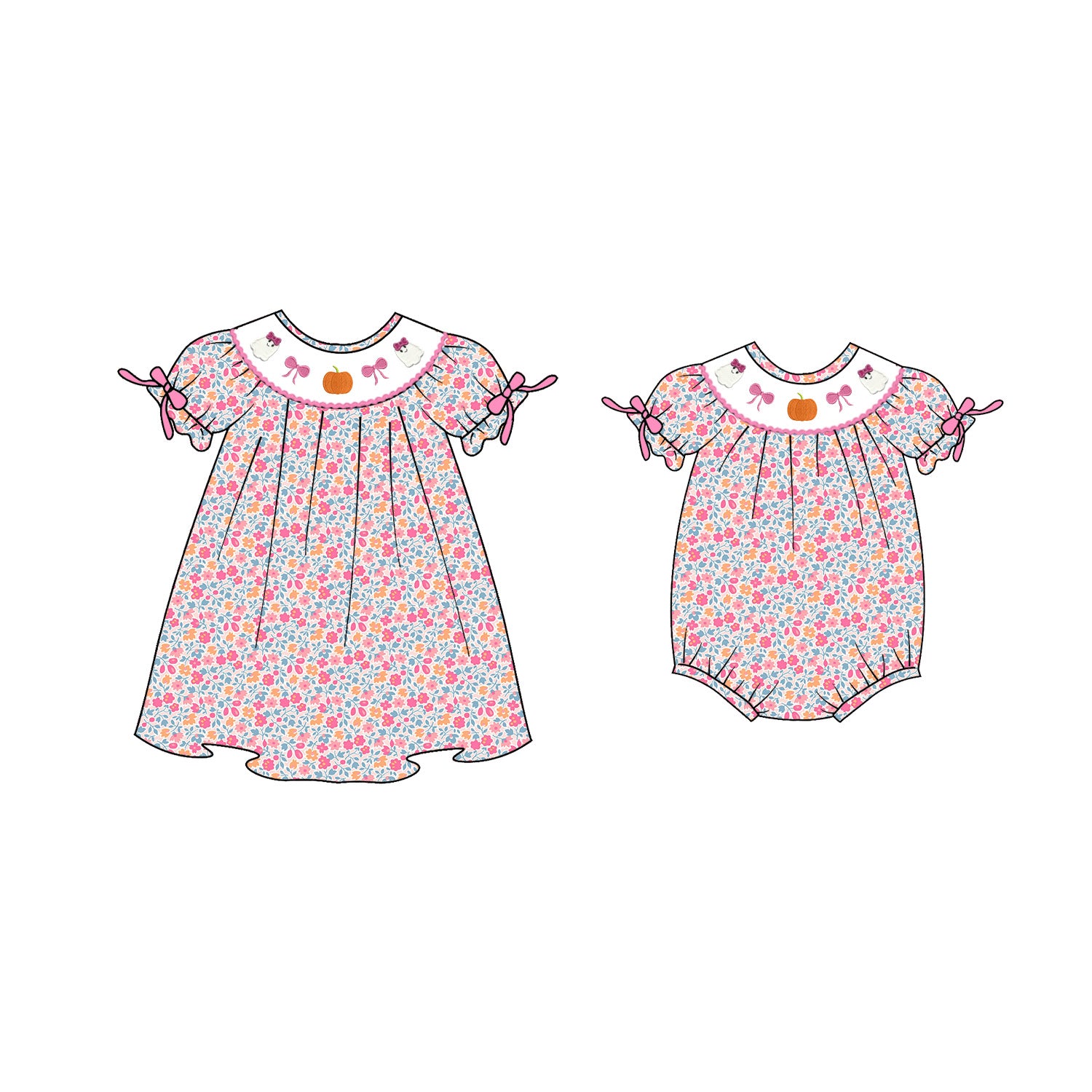 (Pre Order)Girls Halloween&Thanksgiving Embroidery Smocked Dress and Romper