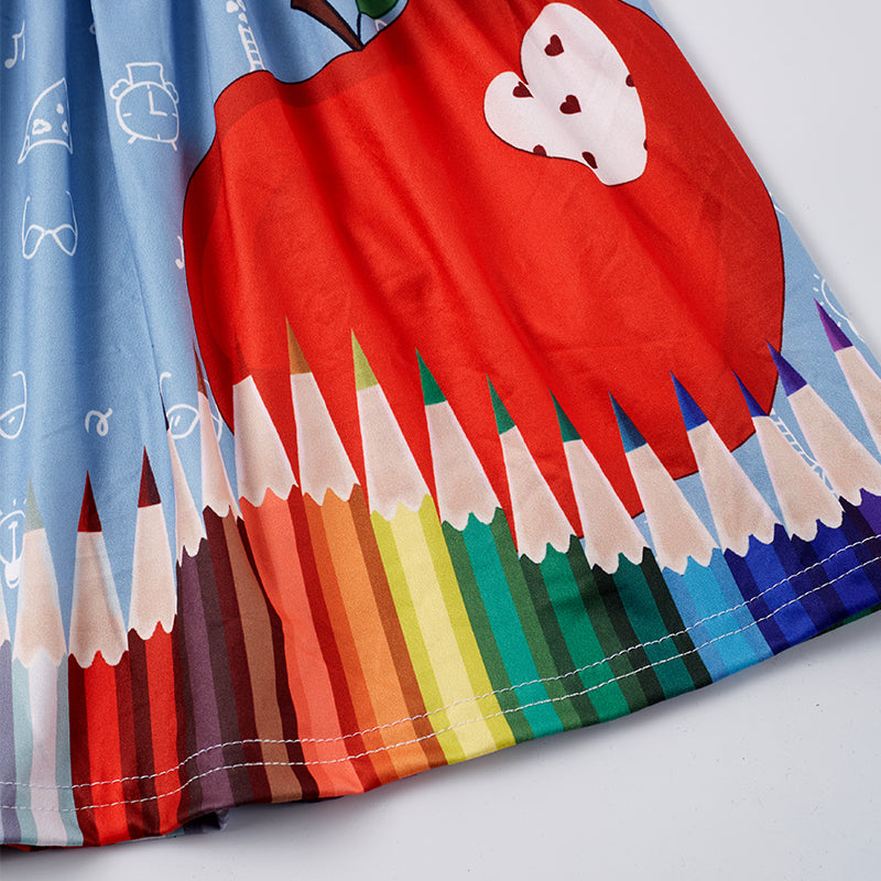 (In Stock)Girls Summer Back To School Pencil Apple Stripe Print Dress
