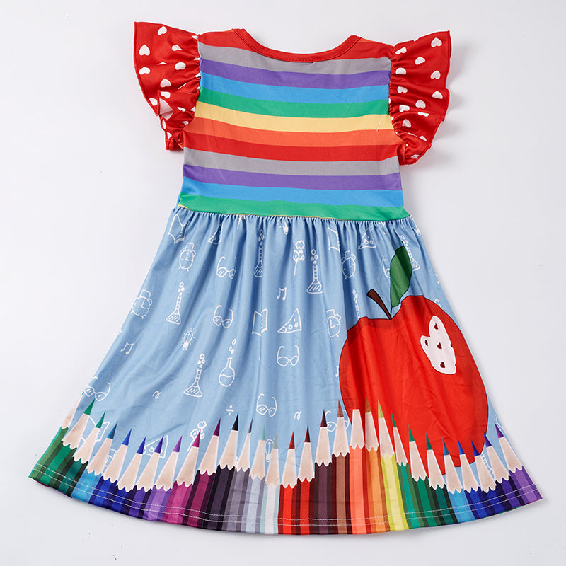 (In Stock)Girls Summer Back To School Pencil Apple Stripe Print Dress