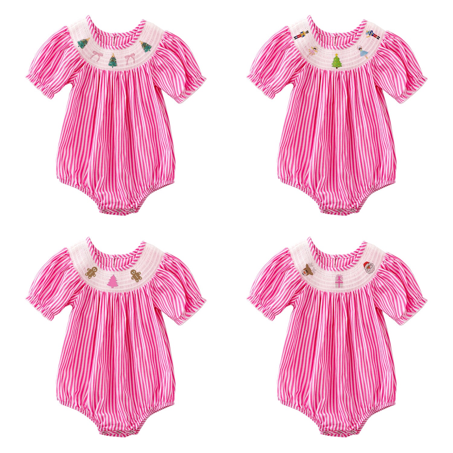 (Pre Order)Baby Girls Pink Stripe Christmas Embroidery Smocked Romper