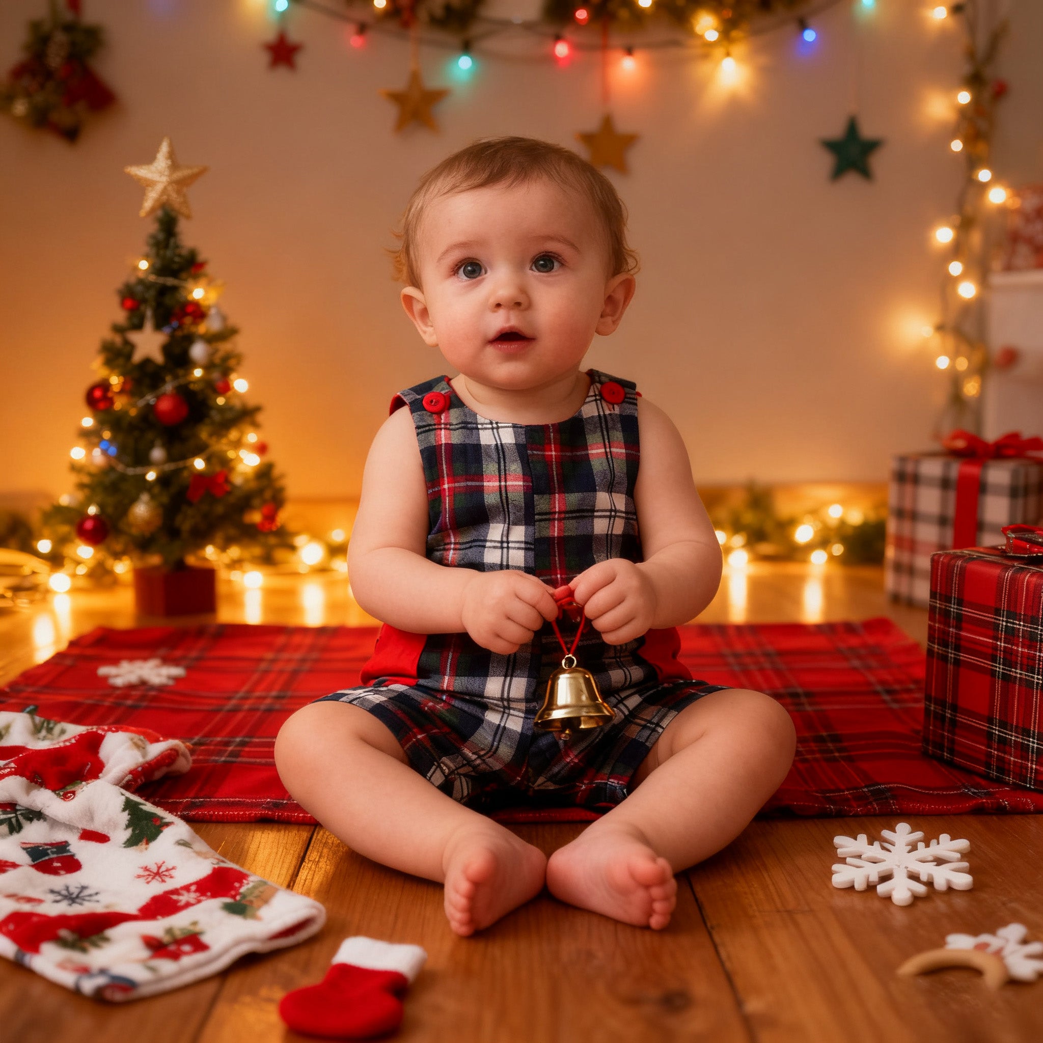 (In Stock)Toddler Boys Christmas Plaid Pattern Romper