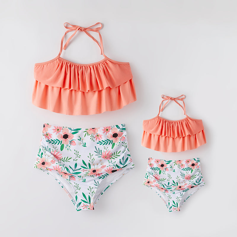 (In Stock)Mommy and Me Summer Coral Floral Print Swimsuit