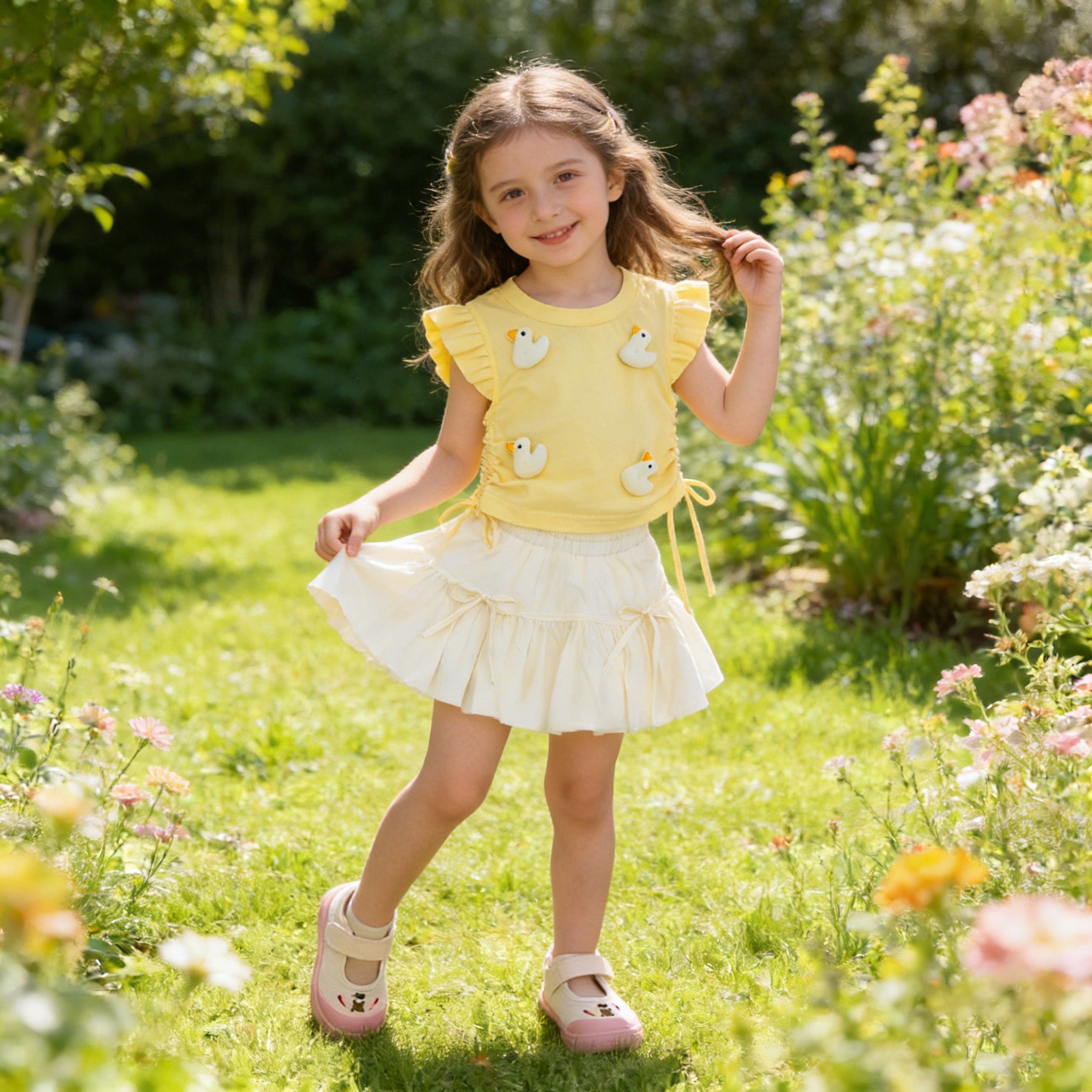 (In Production)Girls Spring&Summer Duck Ruffle Top Skirt Set