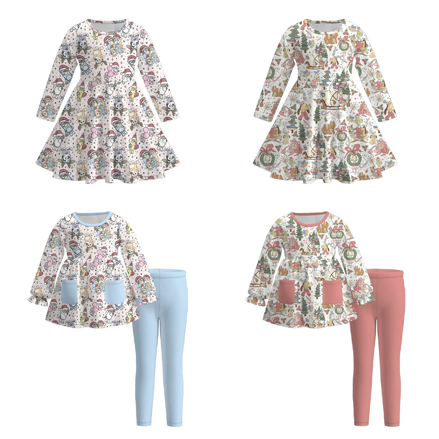 (Pre Order)Girls Christmas Cartoon Print Dress&Outfit Set
