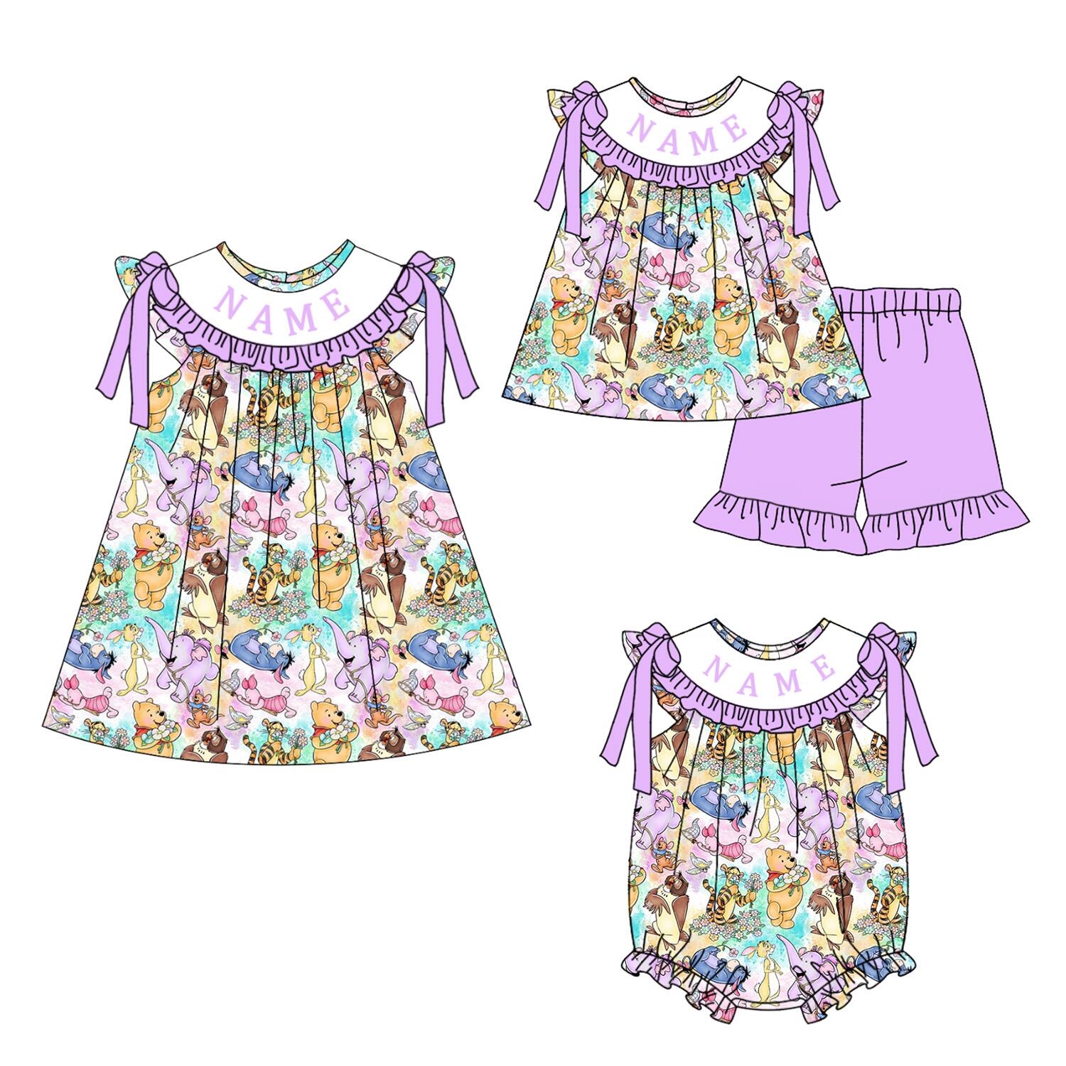 (Pre Order)Sisters Spring&Summer Cartoon Embroidery Smocked Dress,Set&Romper-Customized name