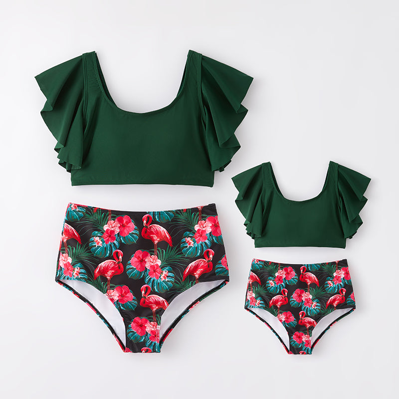 (In Stock)Mommy and Me Summer Flamingo Print Dark Green Swimsuit