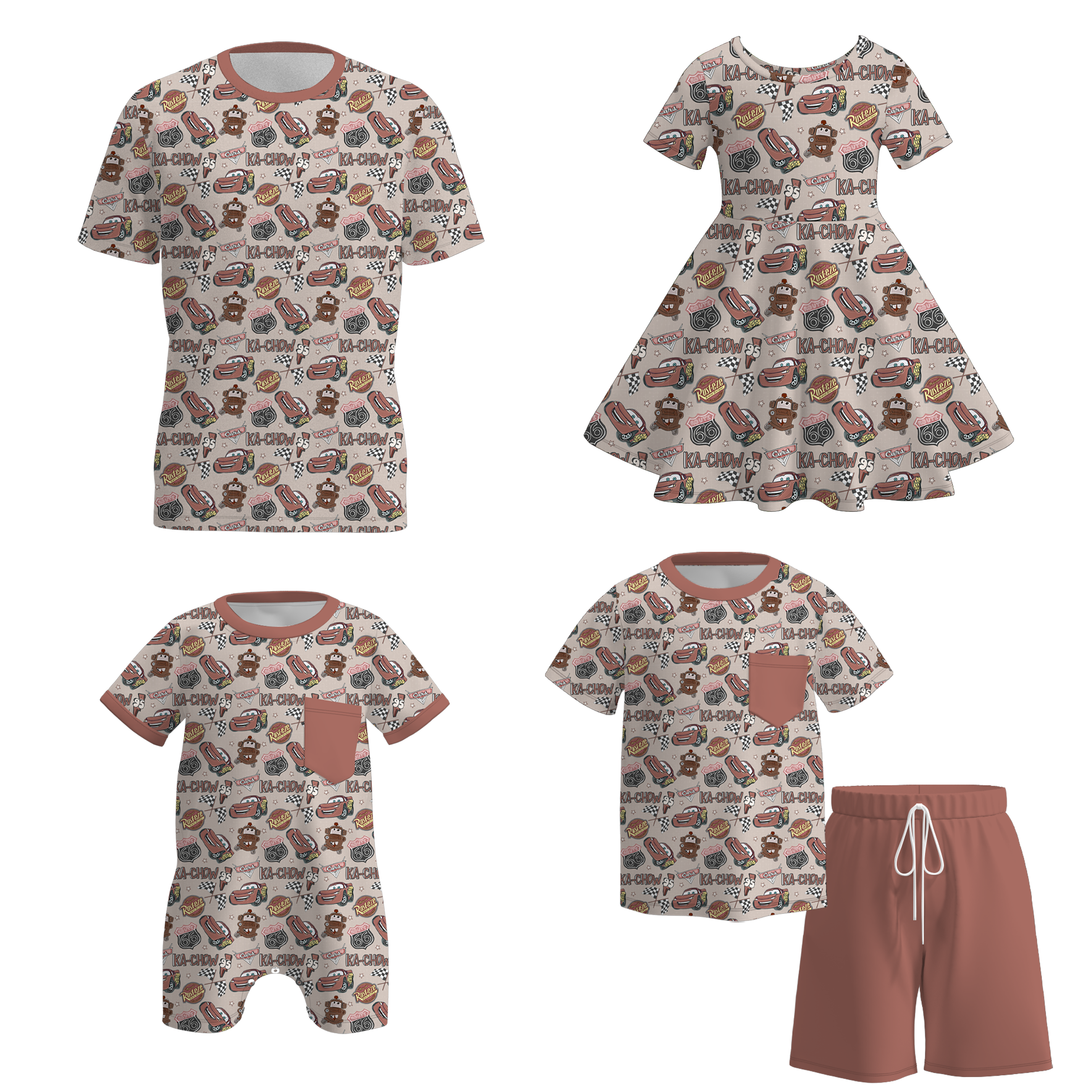 (Pre Order)Family Spring&Summer Cartoon Car Print Dress,Set,Romper&Top
