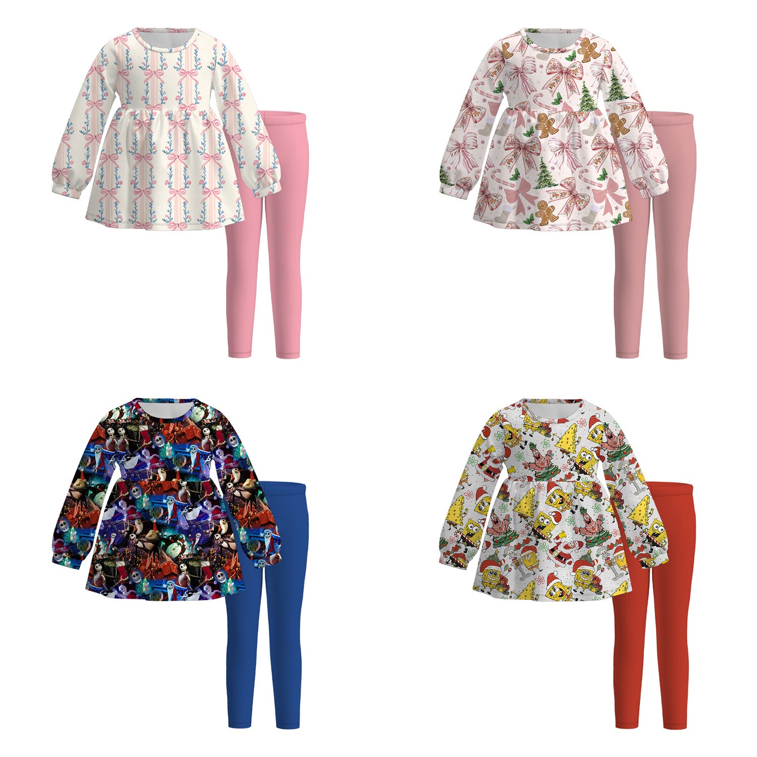 (Pre Order)Girls Christmas Cartoon Print Outfit Set