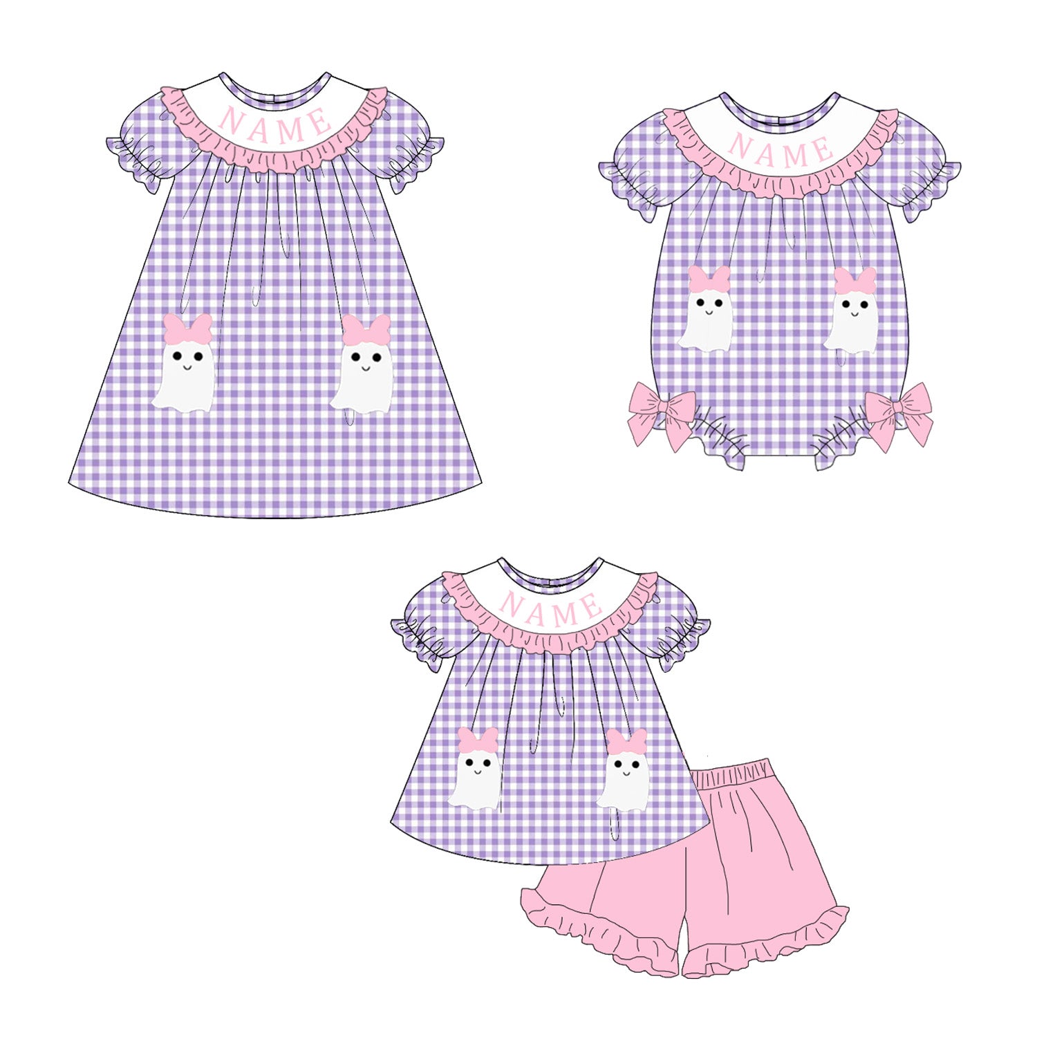 (Pre Order)Sisters Halloween Ghost Applique Name Embroidery Smocked Dress,Set&Romper