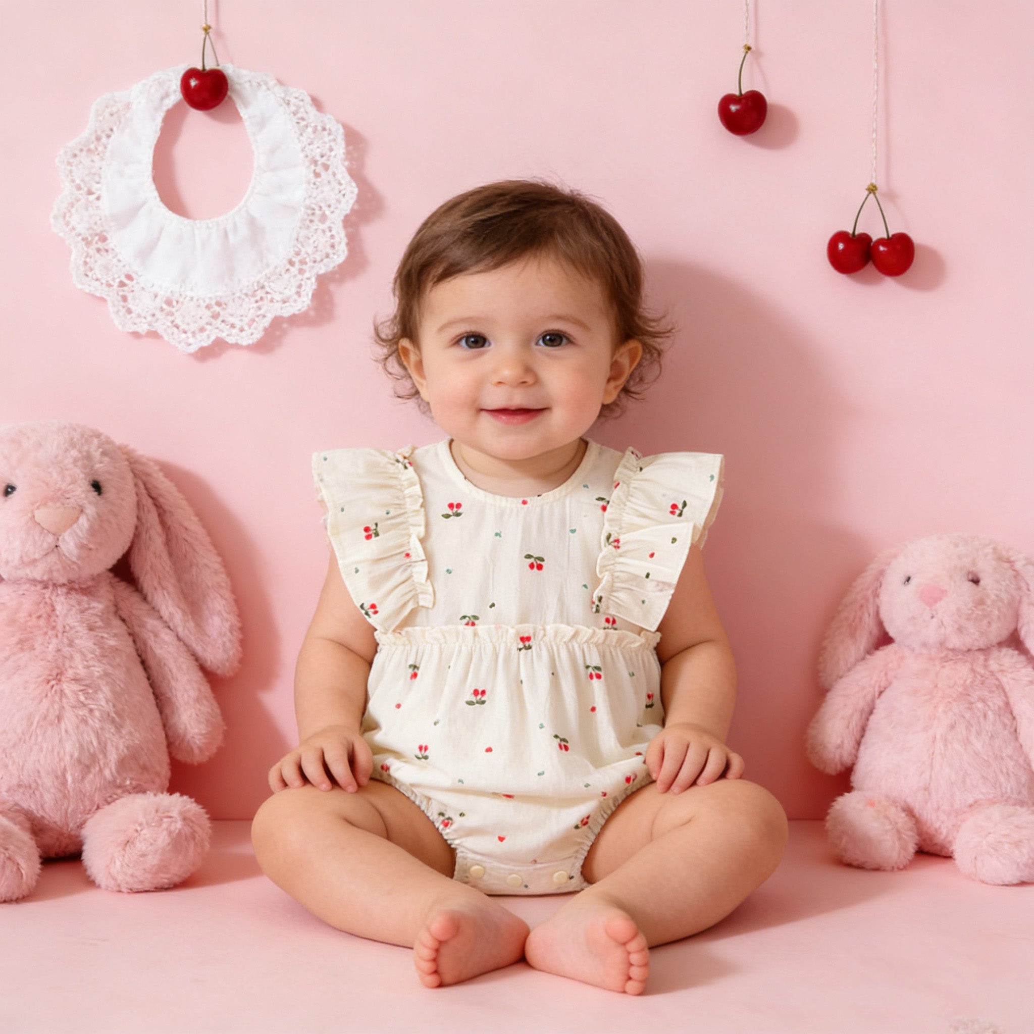 (In Production)Sisters Spring&Summer Cherry Print Dress,Romper