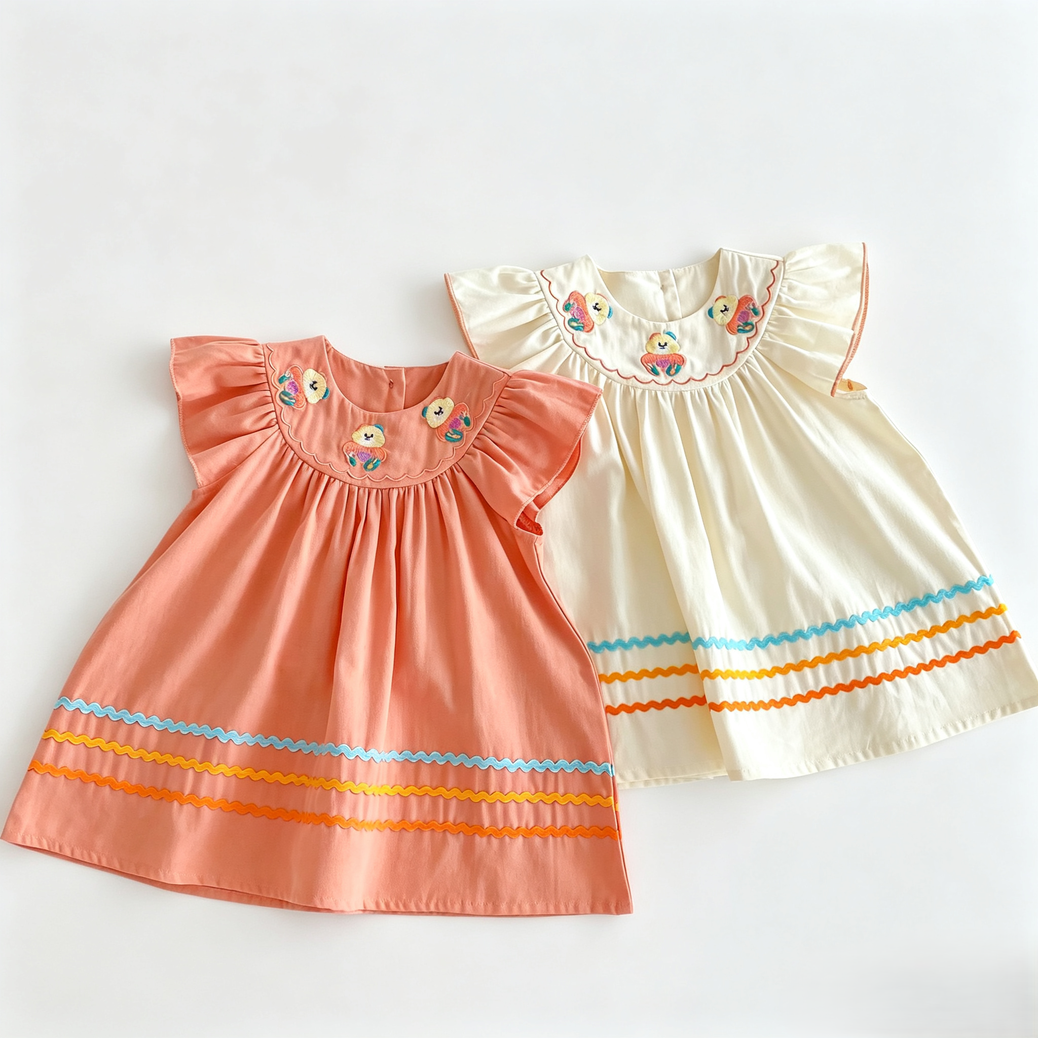 (Pre Order 2 Weeks)Girls Bear Embroidery Flying Sleeves Dress
