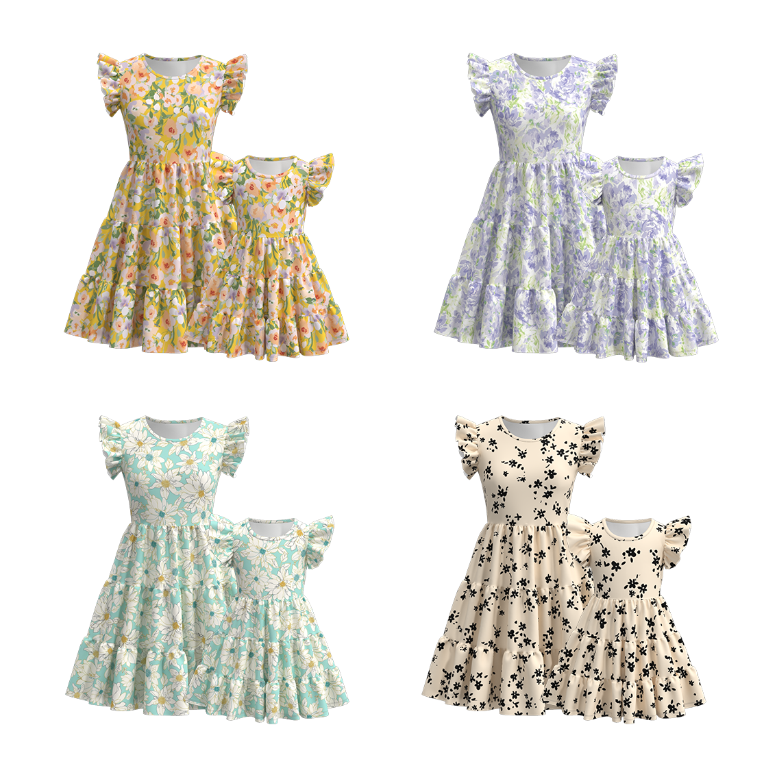 (Pre Order)Summer Flower Print Mommy and Me Ruffled Dress