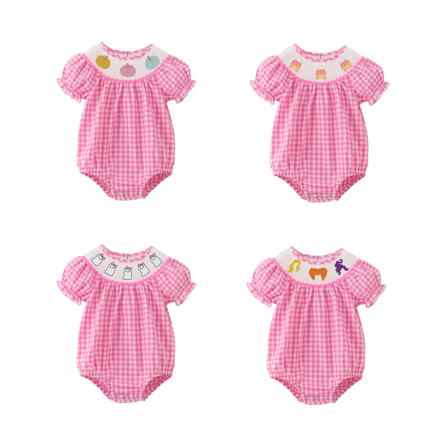 (Pre Order)Baby Girls Pink Plaid Halloween Embroidery Smocked Romper