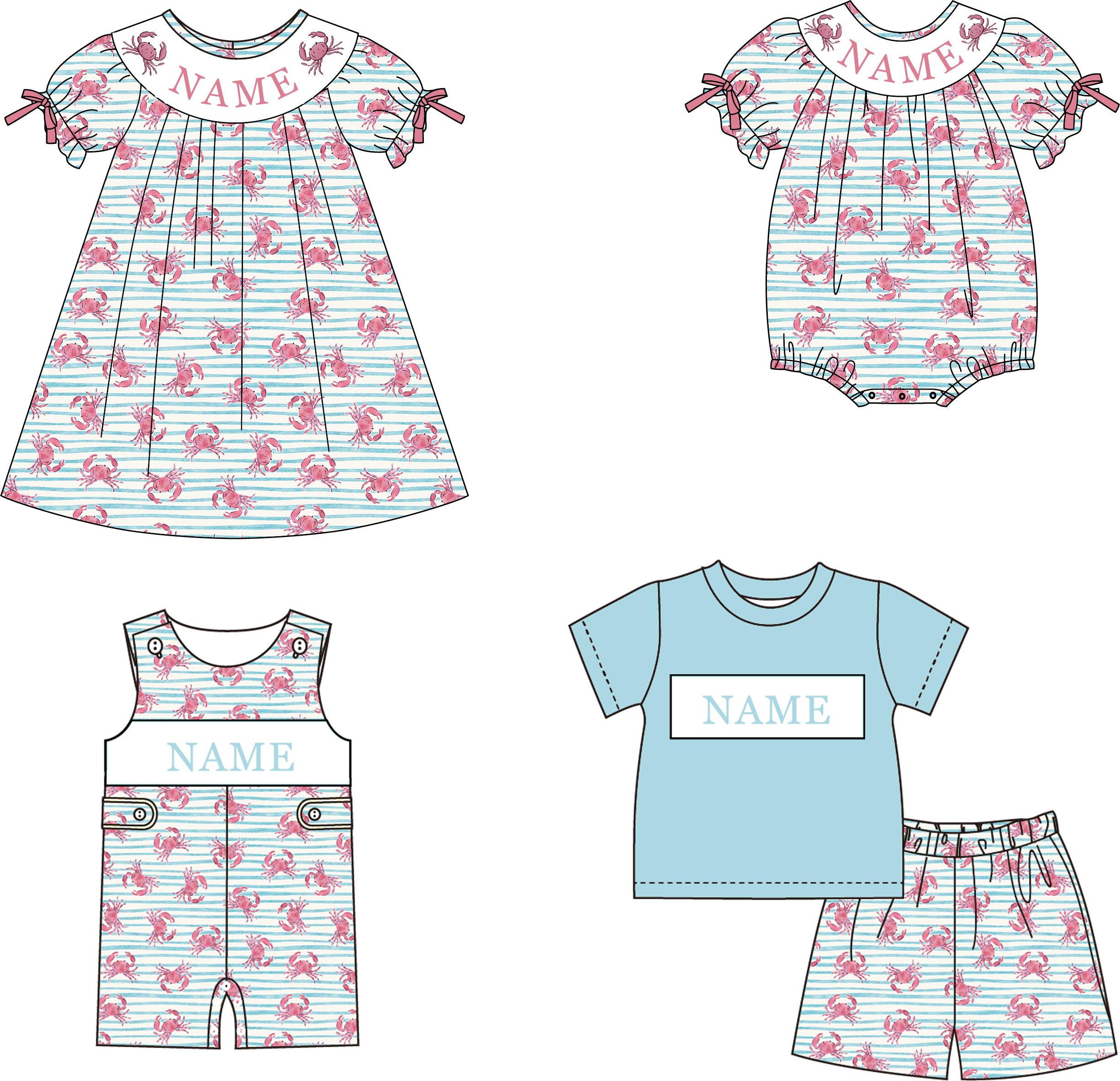 (Pre Order)Siblings Summer Crab Embroidery Smocked Dress,Set&Romper-Customized name