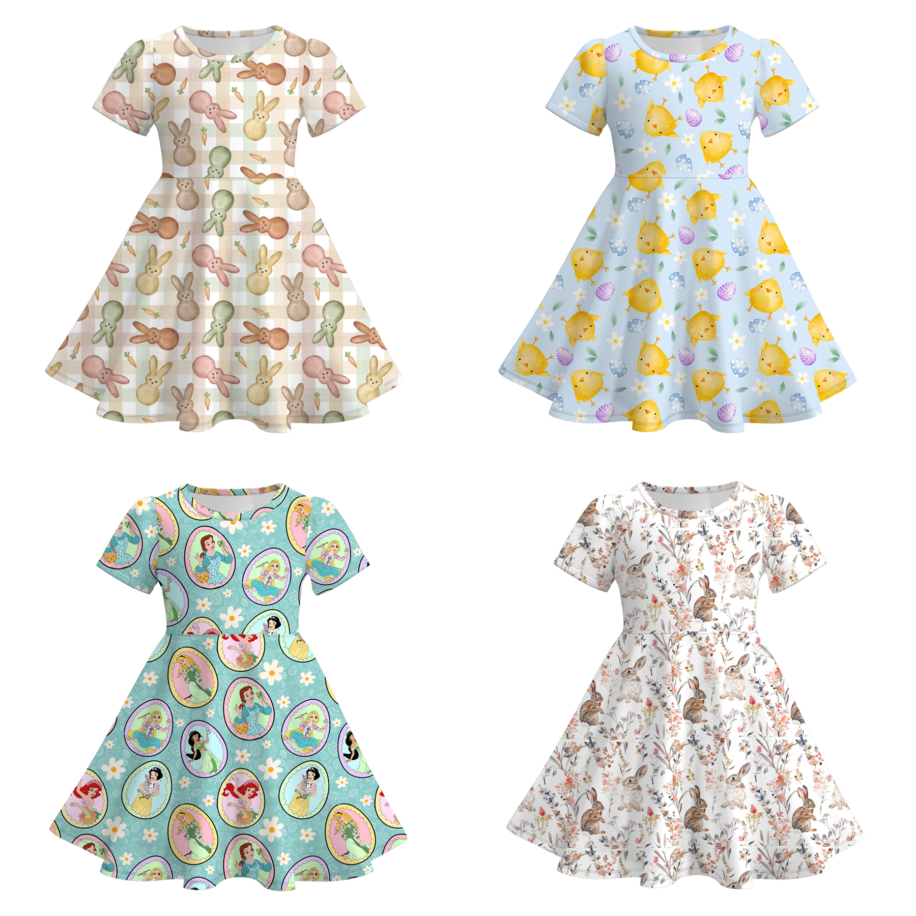 (Pre Order)Girls Spring and Summer Chick&Easter Bunny Print Dress