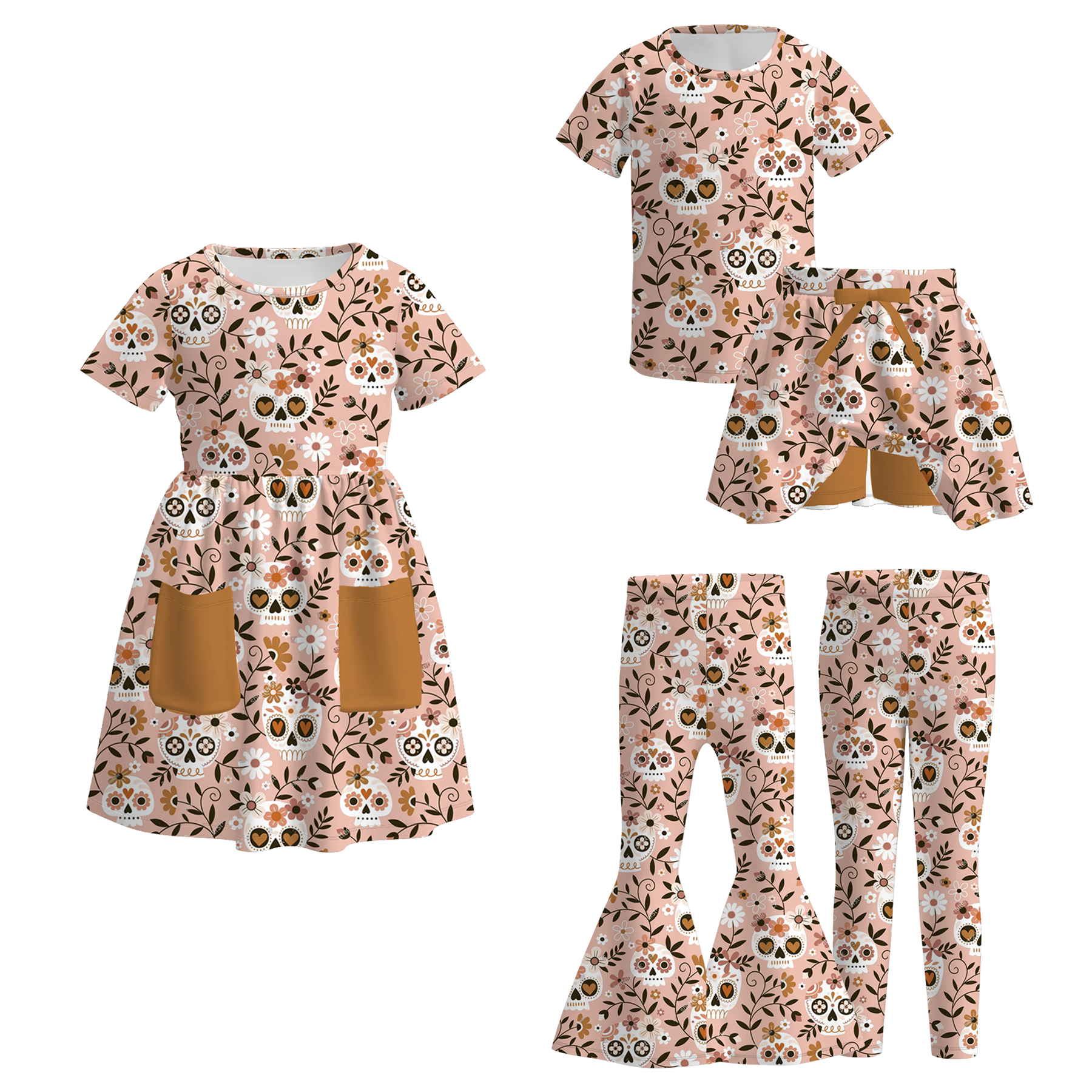 (Pre Order)Girls Halloween Sugar Skull Print Dress,Set&Pants