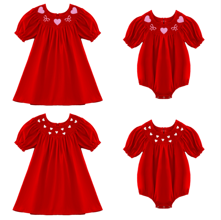 (Pre Order)Girls Valentine's Day Embroidery Smocked Dress and Romper