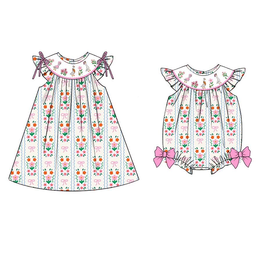 (Pre Order)Sisters Spring and Summer Goose Embroidery Smocked Dress&Romper