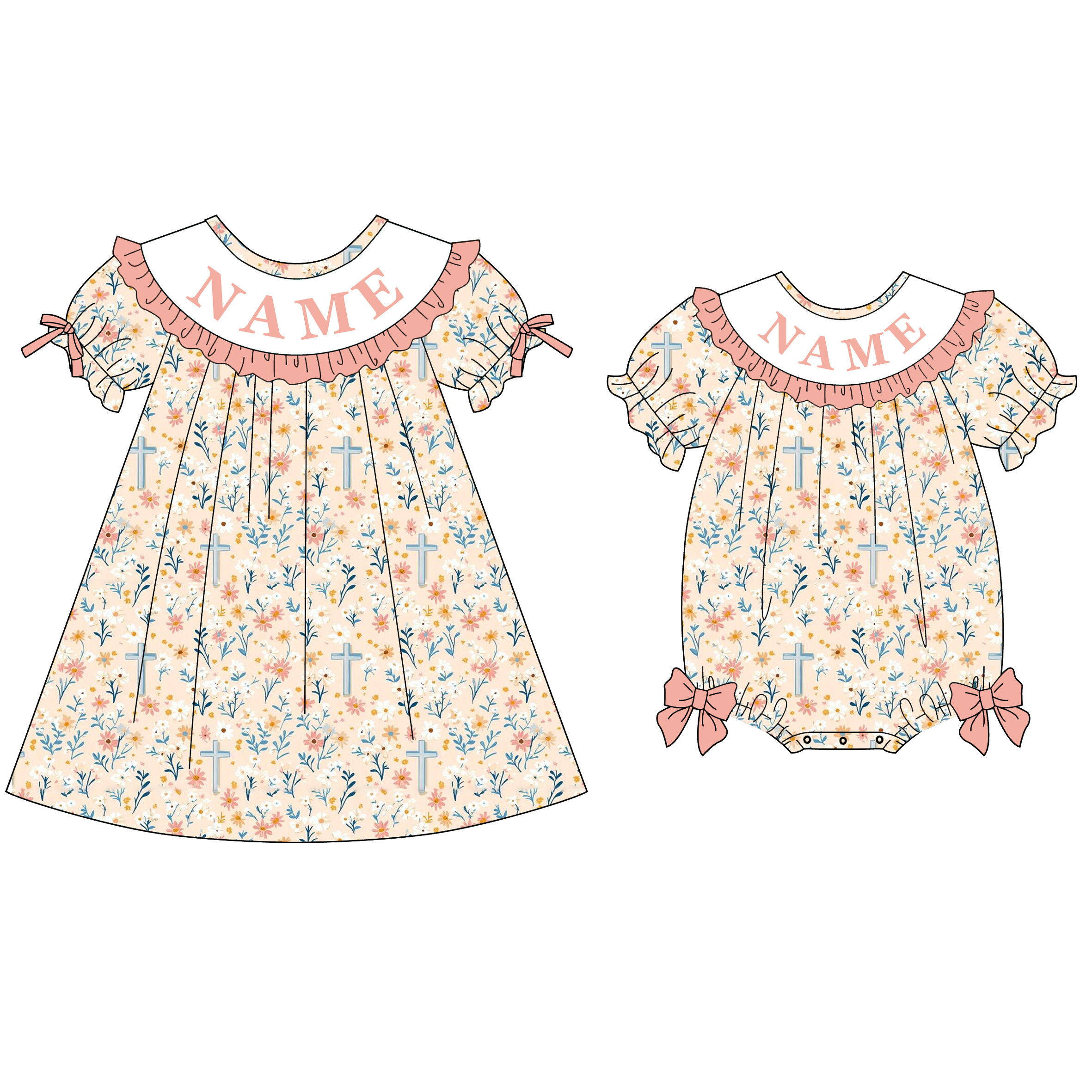 (Pre Order)Sisters Easter Floral Embroidery Smocked Dress&Romper - Customized name