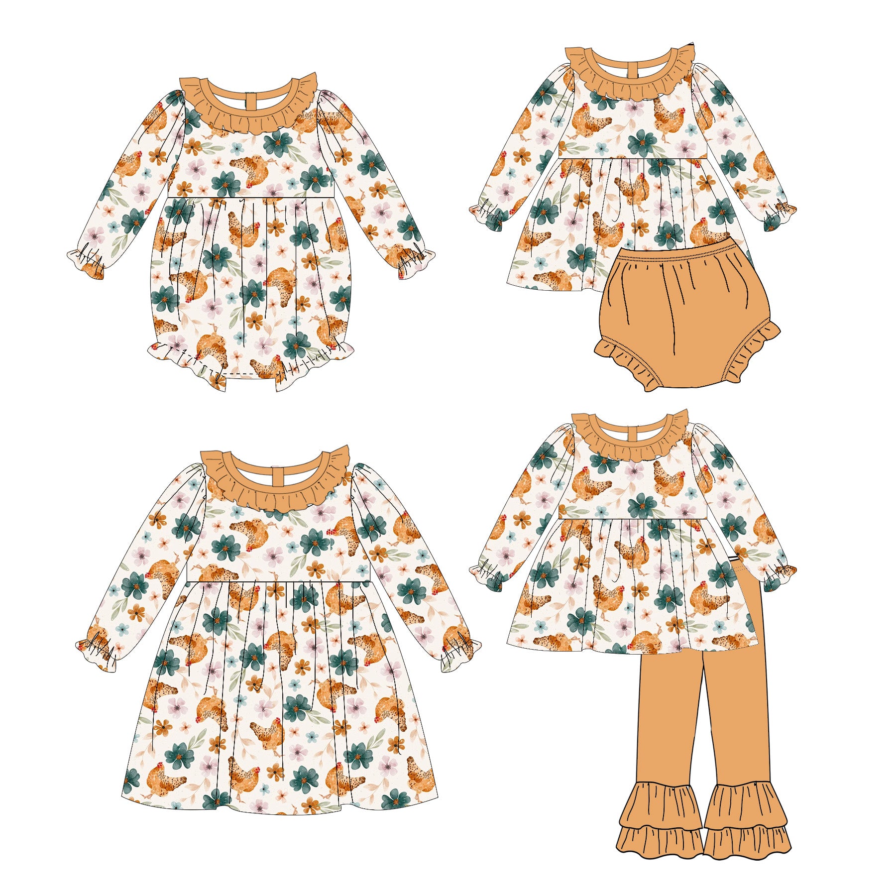 (Pre Order)Family Fall Chick Print Dress,Set&Romper