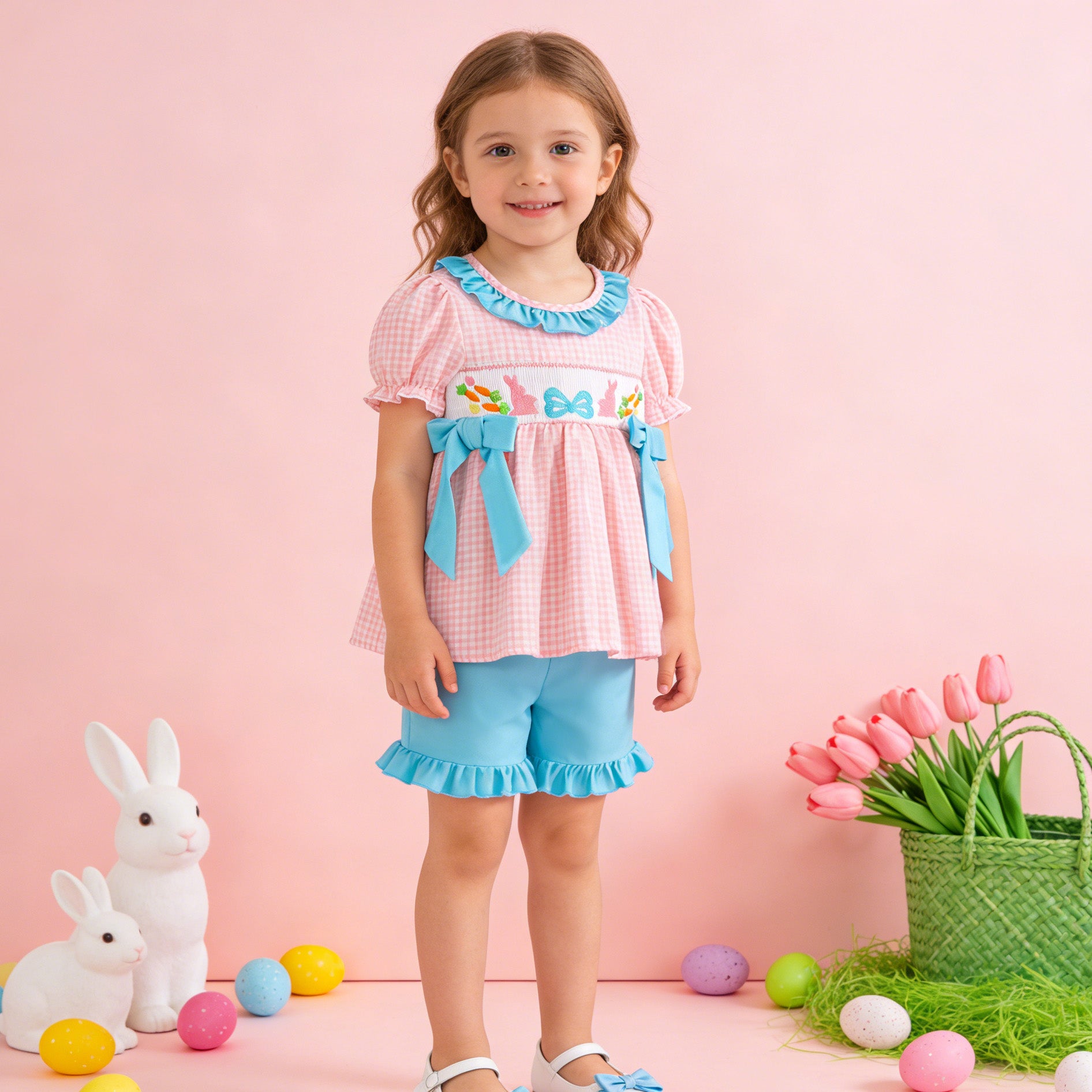 (In Stock)Sisters Easter Bunny Embroidery Smocked Shorts Set&Romper