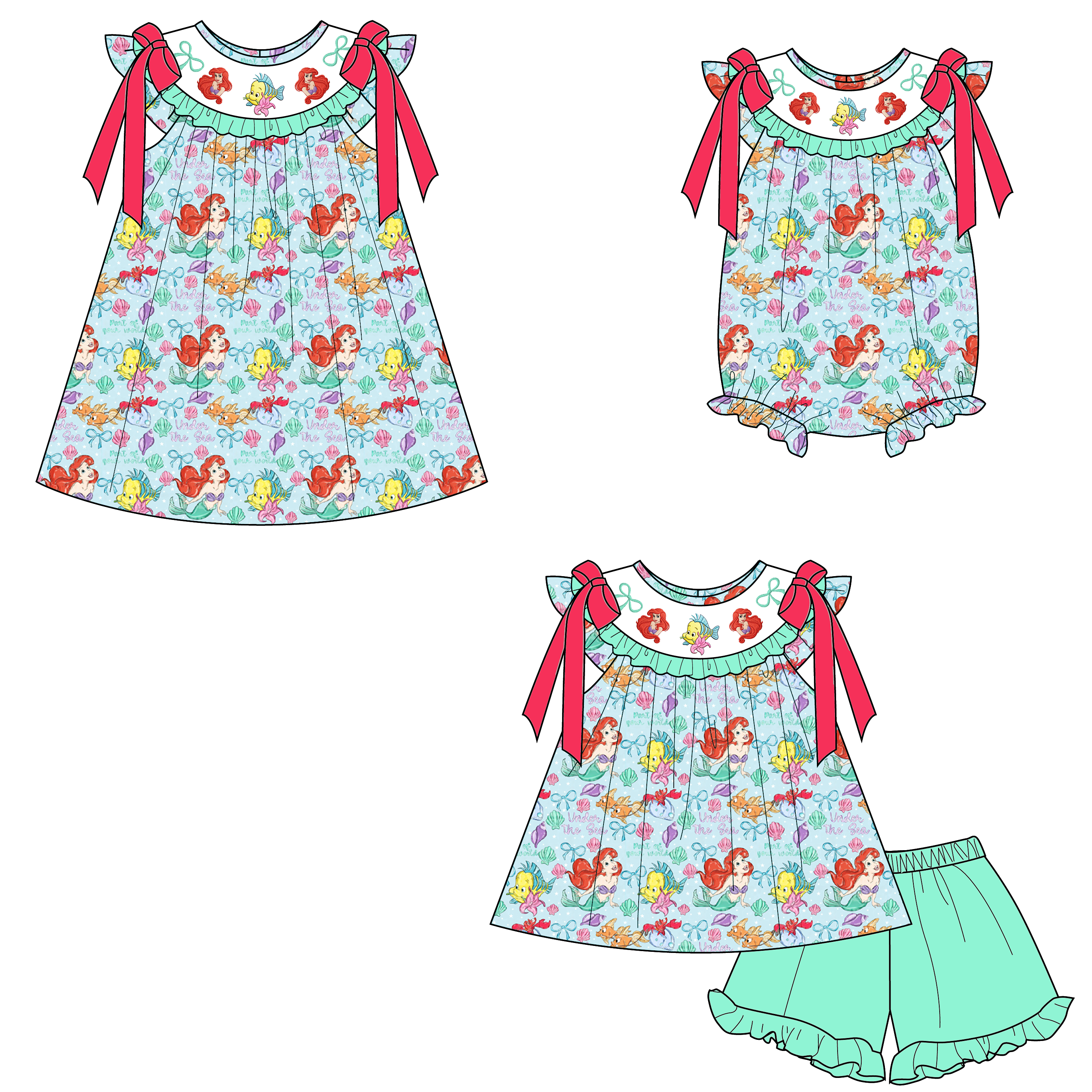 (Pre Order)Sisters Spring&Summer Mermaid Embroidery Smocked Dress,Set&Romper