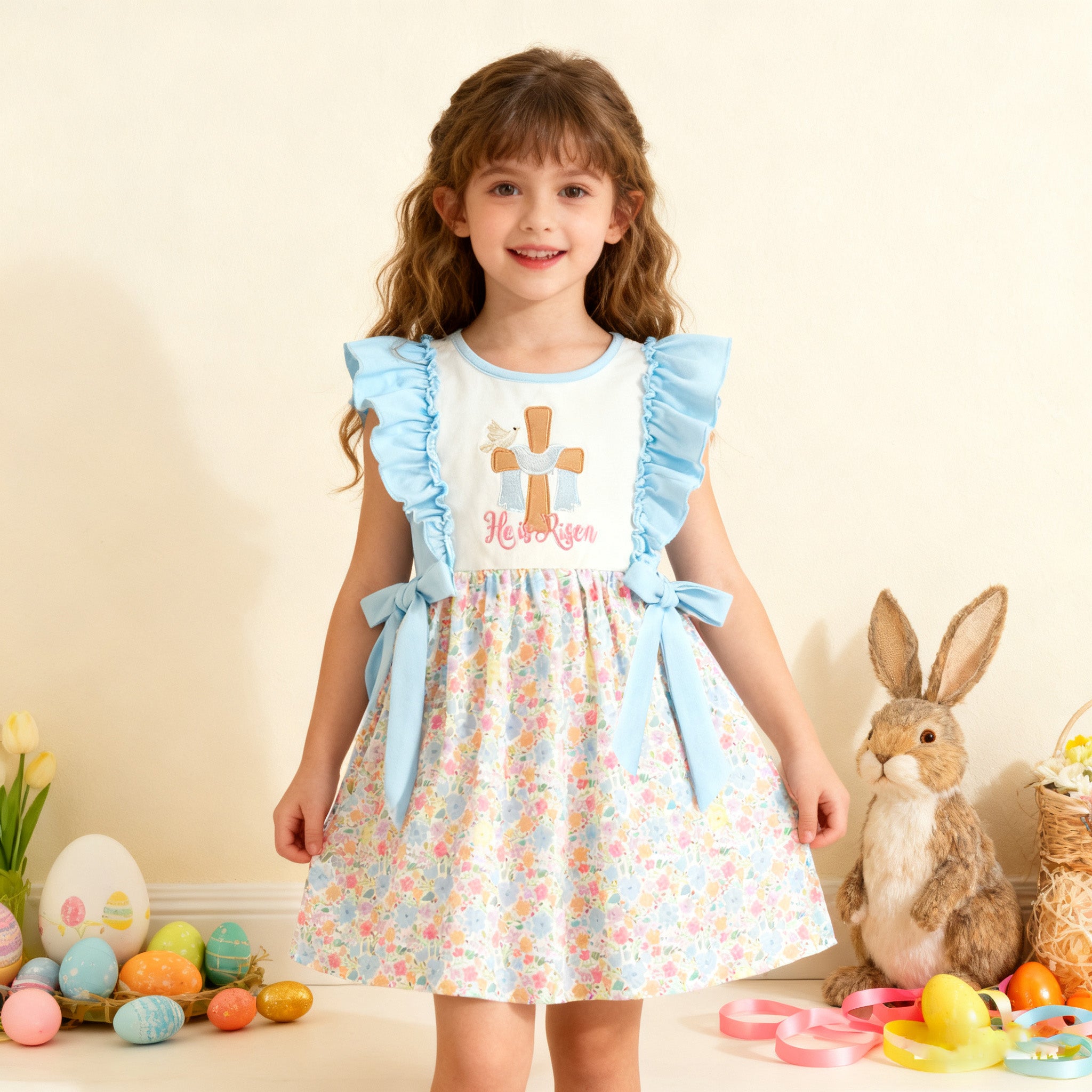 (In Stock)Siblings Easter Cross Applique Dress,Top&Romper