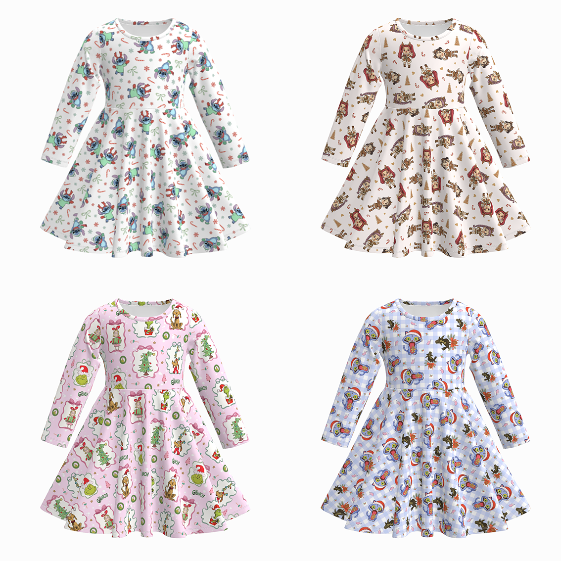 (Pre Order)Girls Christmas Print Long Sleeves Dress