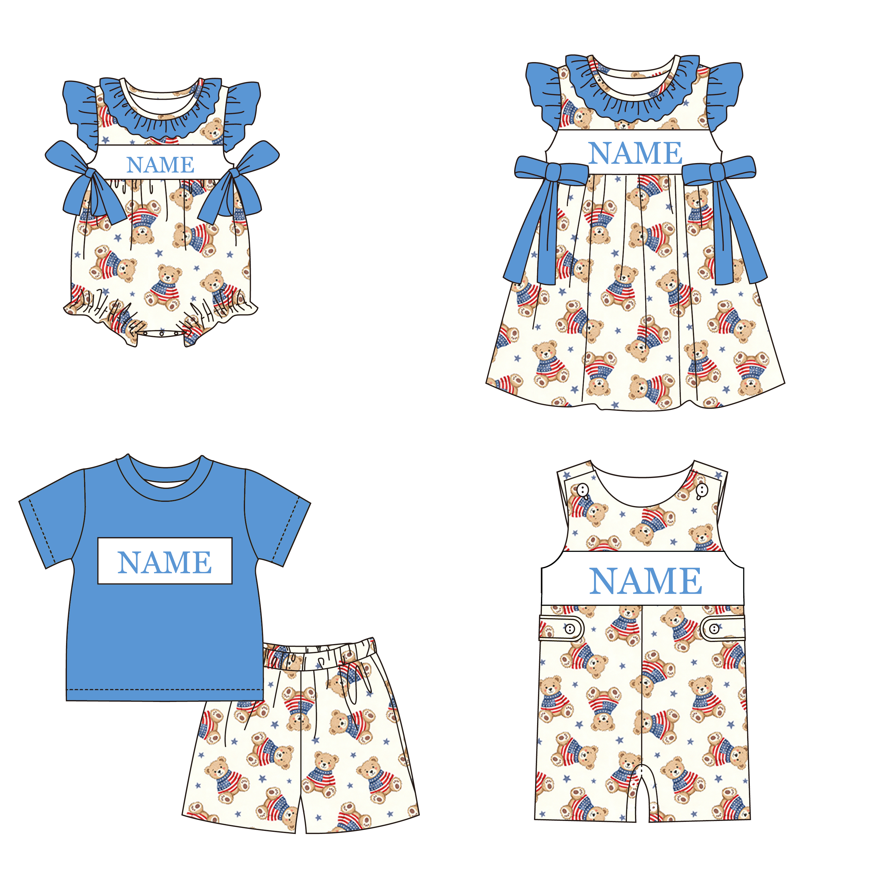 (Pre Order)Siblings Patriotic Bear Embroidery Smocked Dress,Set&Romper