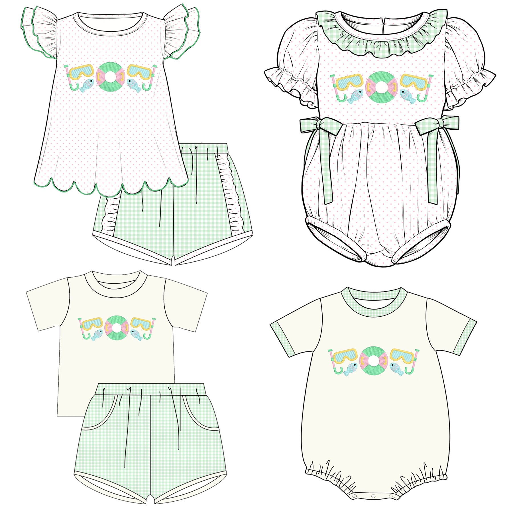 (Pre Order)Siblings Summer Diving Embroidery Dress,Set&Romper