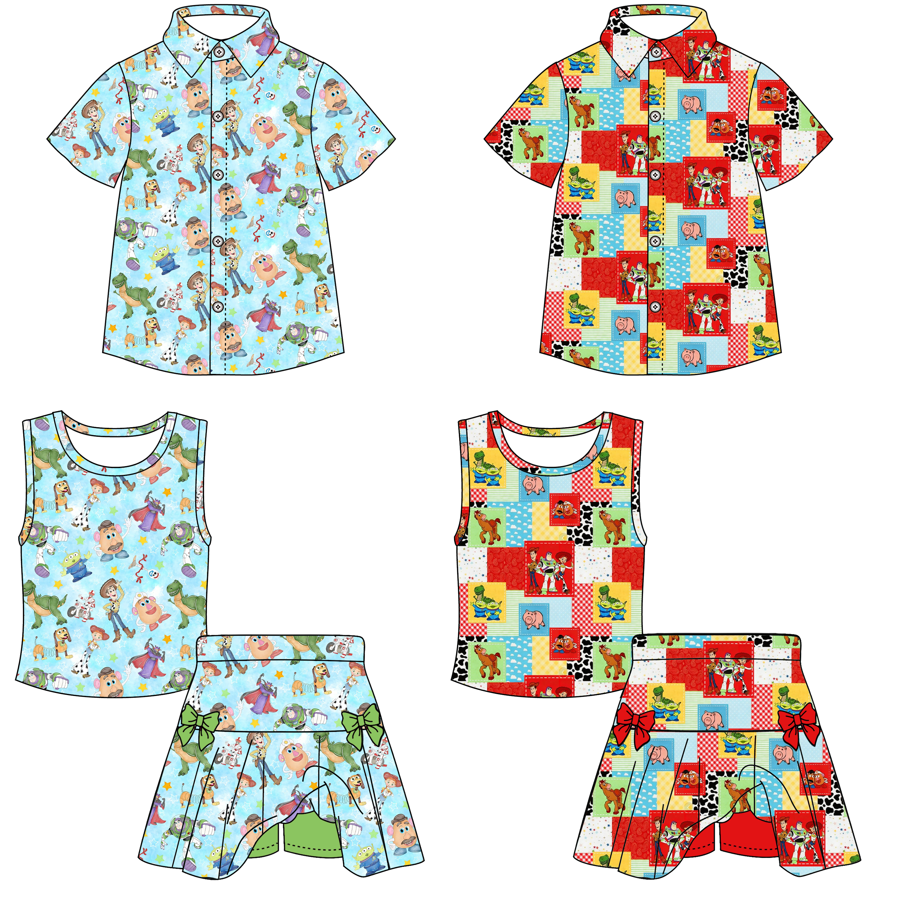 (Pre Order)Siblings Spring&Summer Cartoon Toy Print Skort Set&Top