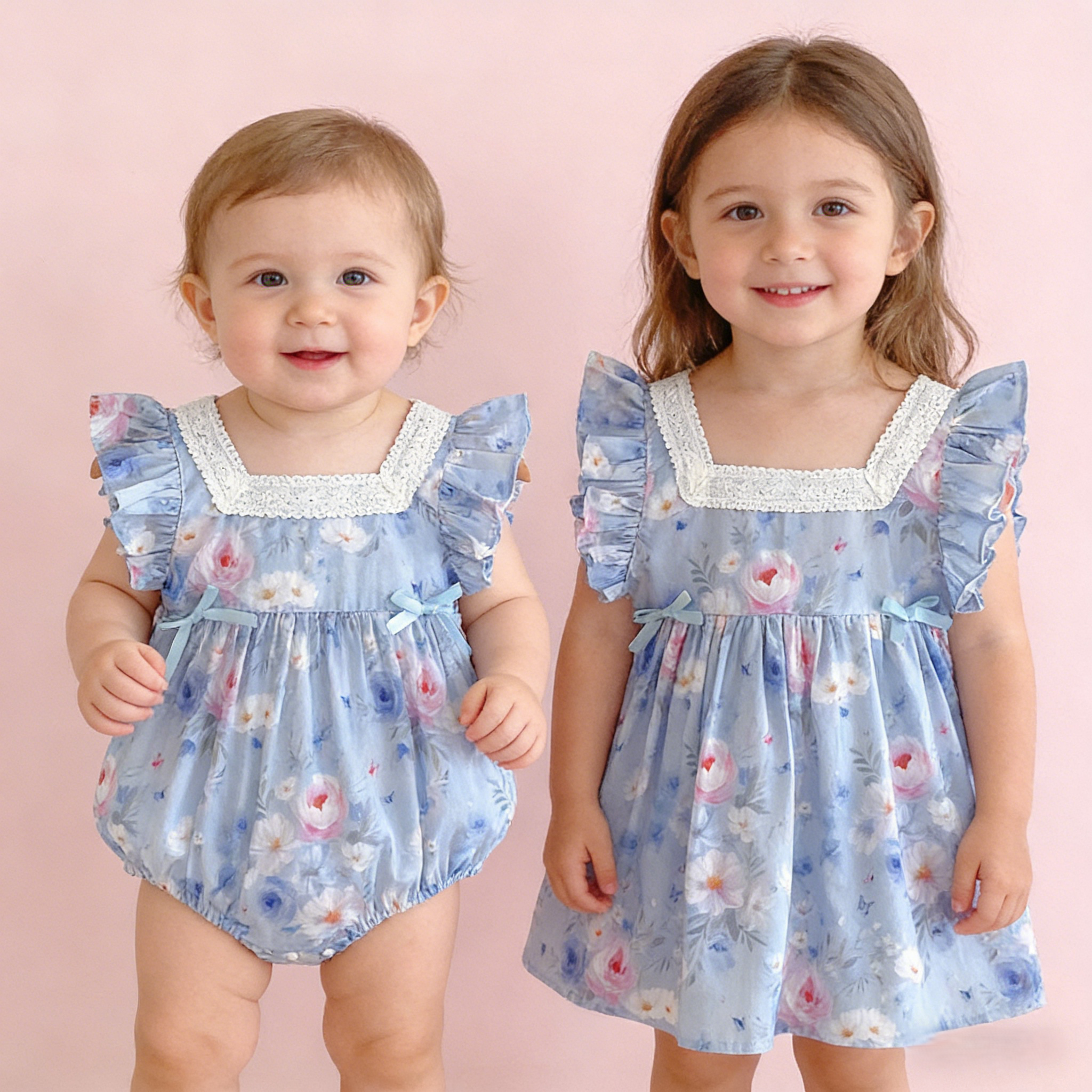 (In Production)Sisters Spring&Summer Floral Print Lace Ruffle Dress,Romper