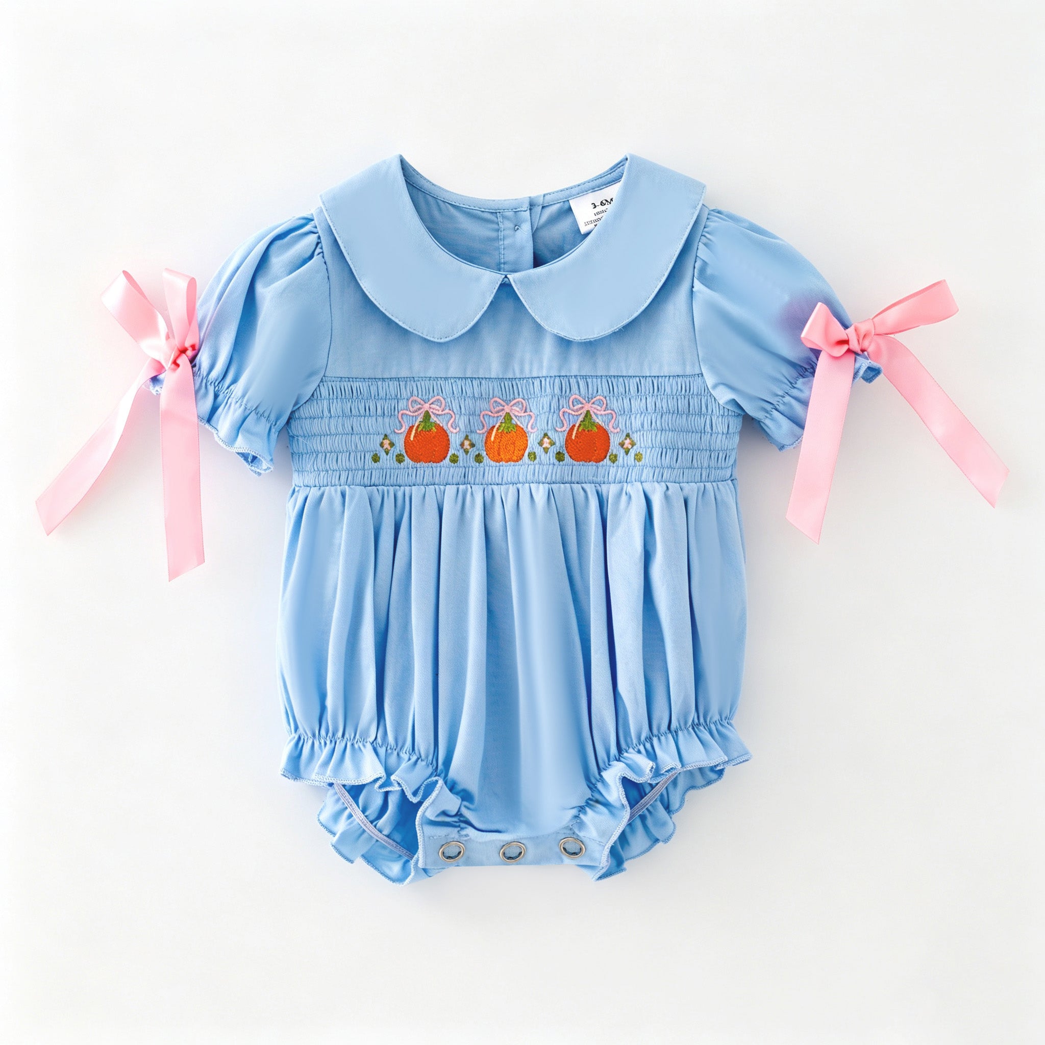 (In Stock)Toddler Girls Pumpkin Embroidery Smocked Cotton Romper