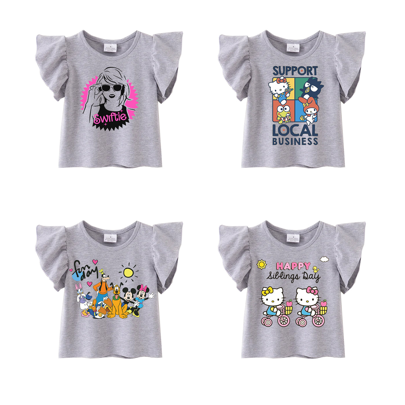 (Pre Order)TS Cartoon Print Grey Cotton Essential Ruffles Top