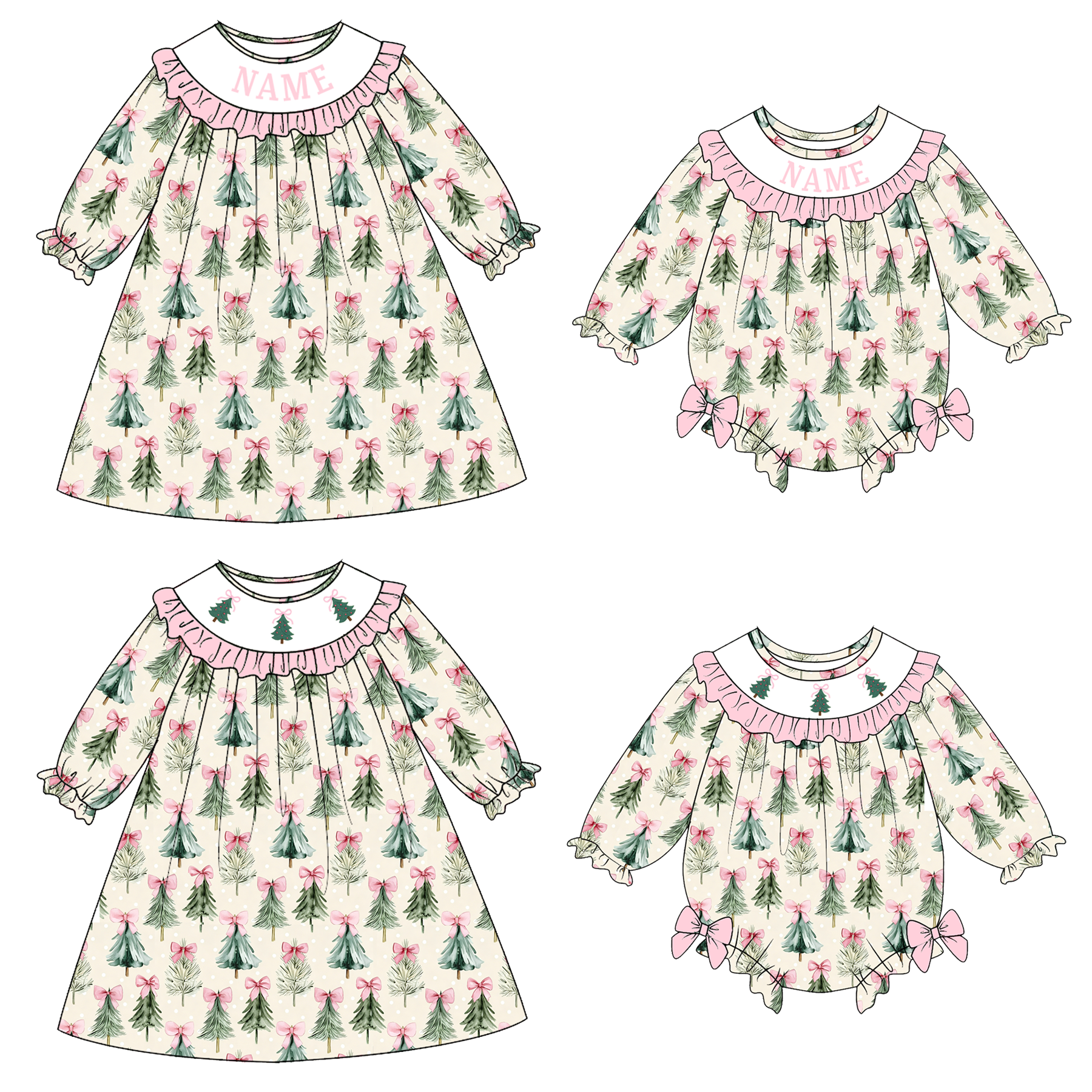 (Pre Order)Girls Christmas Tree Embroidery Smocked Dress&Romper-Customized name