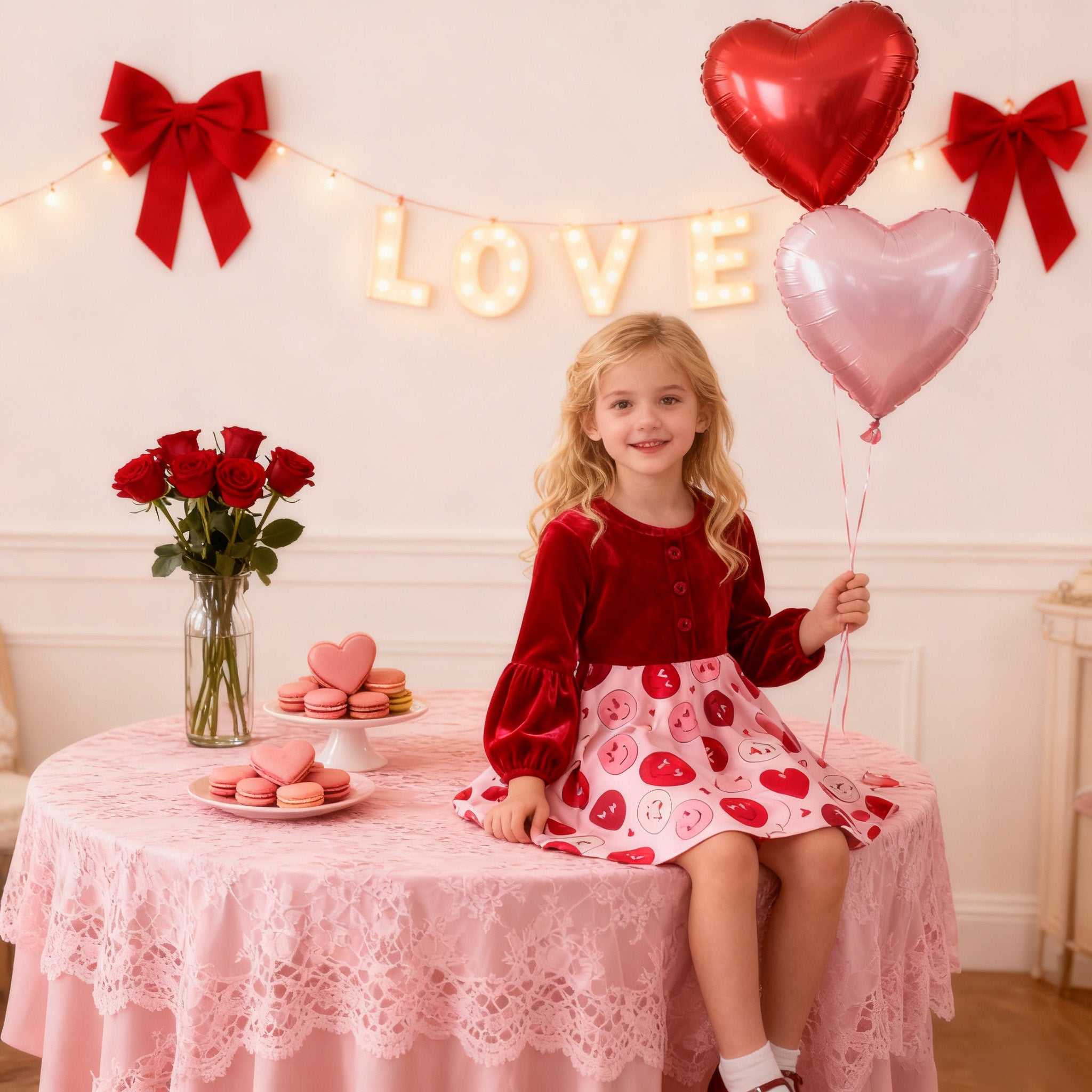 (In Stock)Girls Valentine's Day Print Velvet Dress