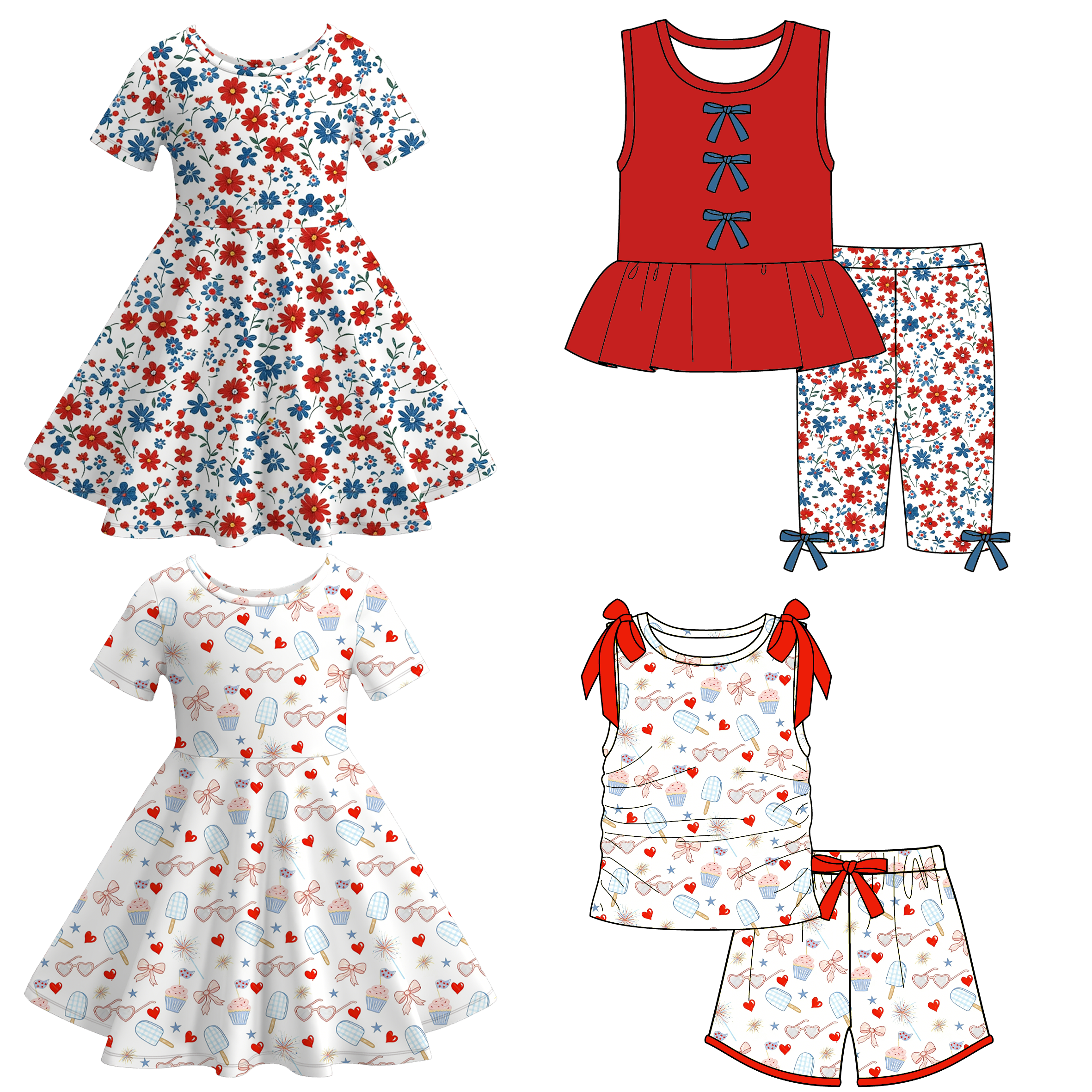 (Pre Order)Girls Summer Patriotic Print Dress&Shorts Set