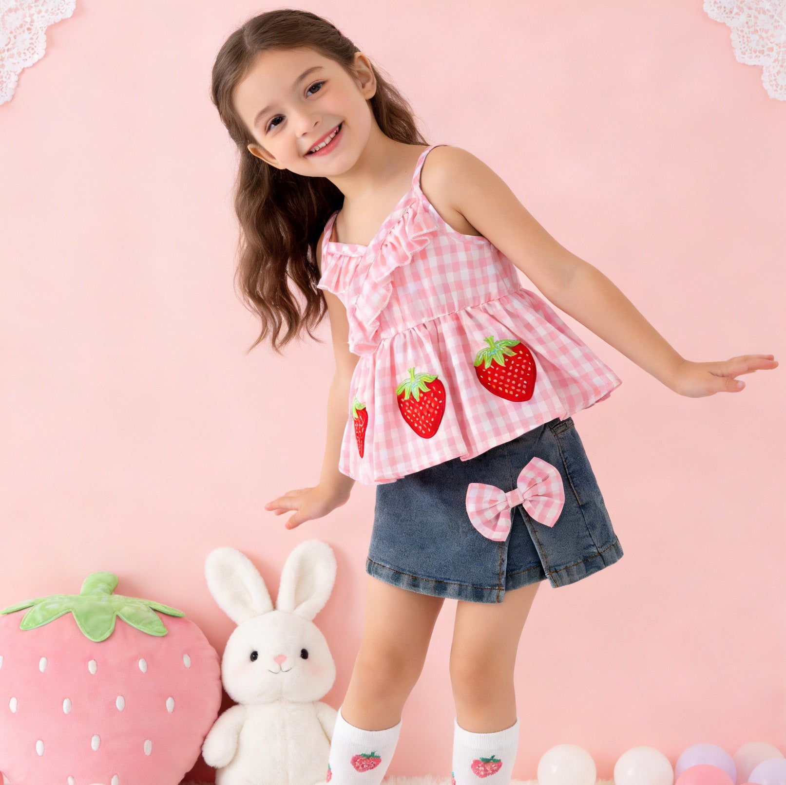 (In Stock)Girls Spring&Summer Strawberry Applique Denim Skort Set